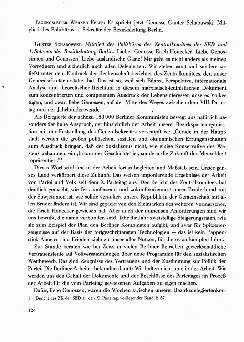 Protokoll der Verhandlungen des Ⅺ. Parteitages der Sozialistischen Einheitspartei Deutschlands (SED) [Deutsche Demokratische Republik (DDR)] 1986, Seite 124