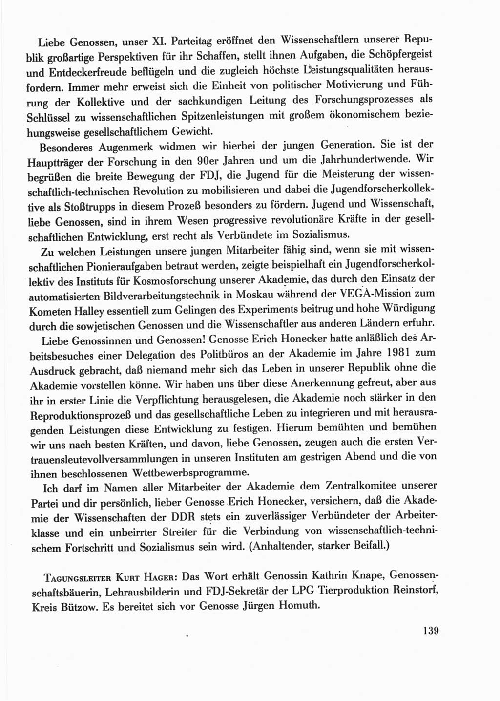 Protokoll der Verhandlungen des Ⅺ. Parteitages der Sozialistischen Einheitspartei Deutschlands (SED) [Deutsche Demokratische Republik (DDR)] 1986, Seite 139