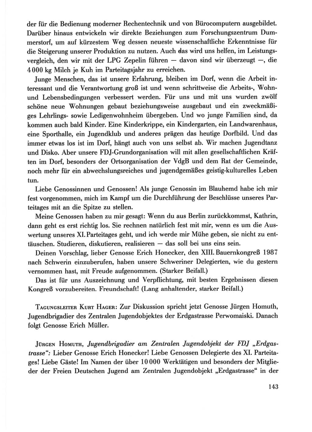 Protokoll der Verhandlungen des Ⅺ. Parteitages der Sozialistischen Einheitspartei Deutschlands (SED) [Deutsche Demokratische Republik (DDR)] 1986, Seite 143