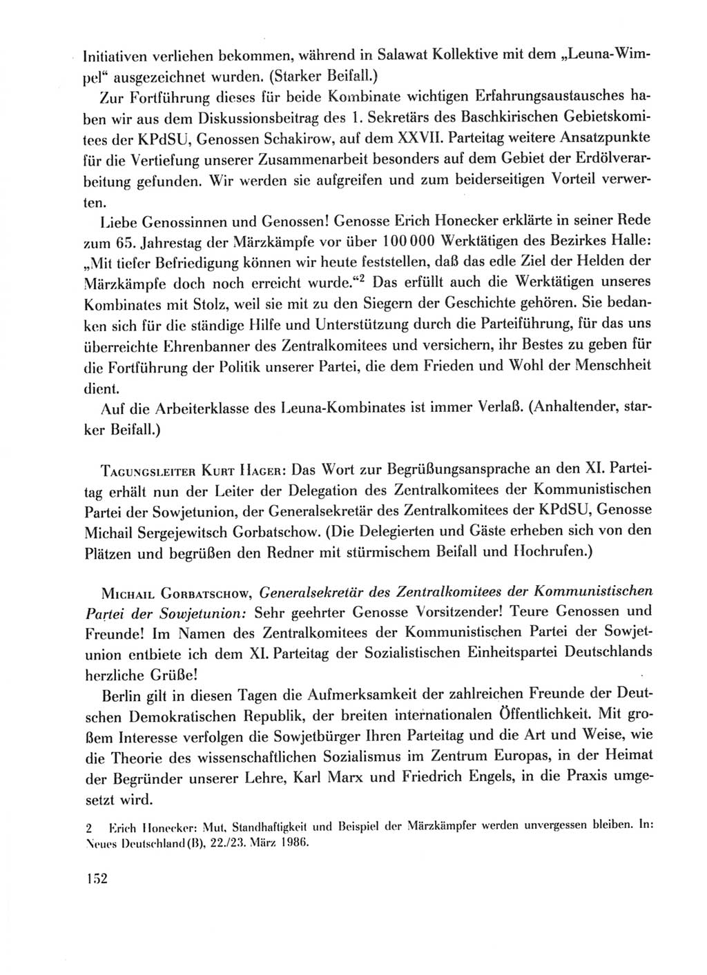 Protokoll der Verhandlungen des Ⅺ. Parteitages der Sozialistischen Einheitspartei Deutschlands (SED) [Deutsche Demokratische Republik (DDR)] 1986, Seite 152