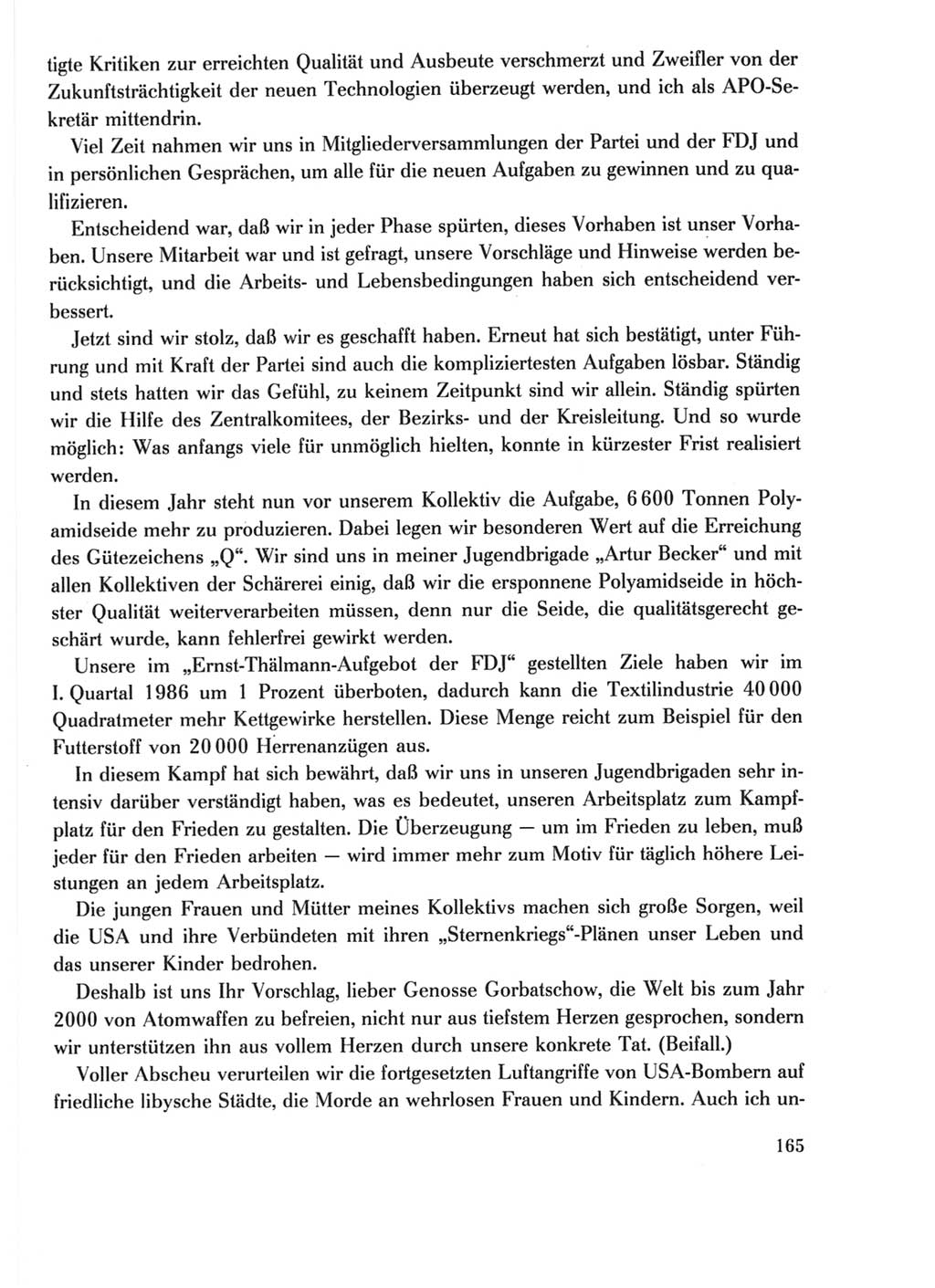 Protokoll der Verhandlungen des Ⅺ. Parteitages der Sozialistischen Einheitspartei Deutschlands (SED) [Deutsche Demokratische Republik (DDR)] 1986, Seite 165