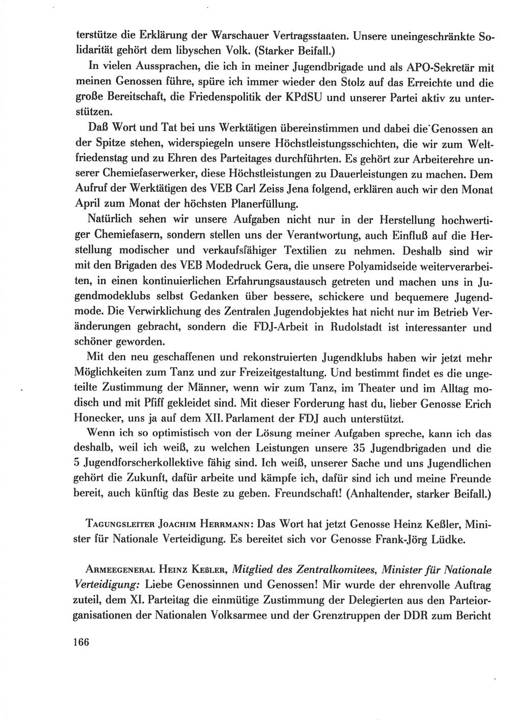 Protokoll der Verhandlungen des Ⅺ. Parteitages der Sozialistischen Einheitspartei Deutschlands (SED) [Deutsche Demokratische Republik (DDR)] 1986, Seite 166