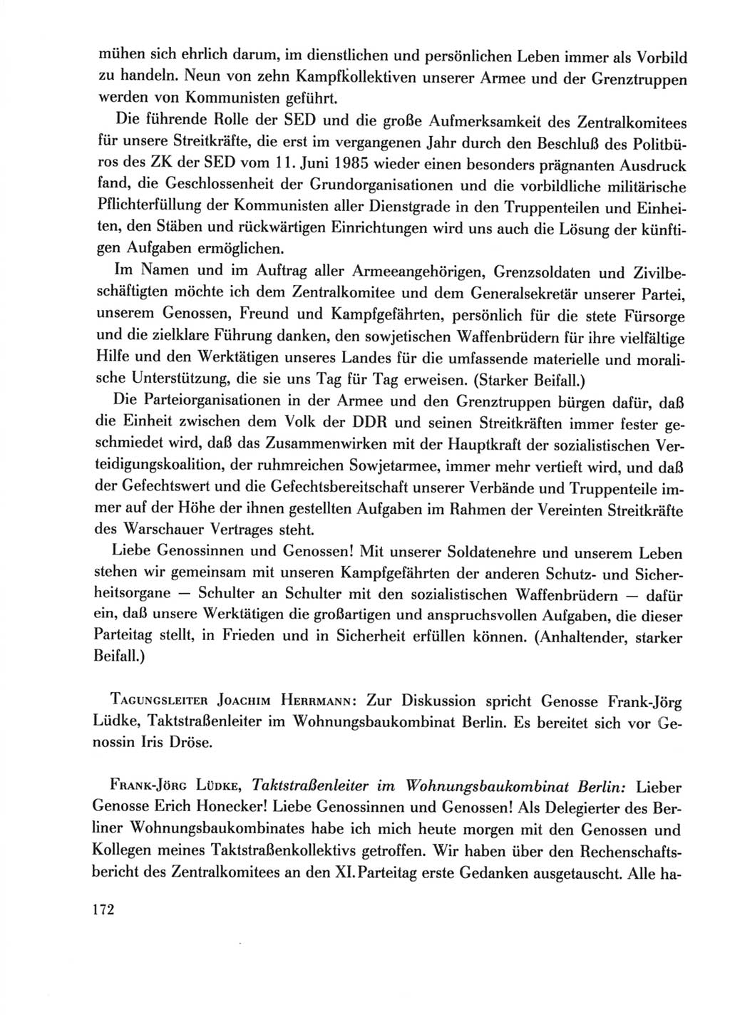 Protokoll der Verhandlungen des Ⅺ. Parteitages der Sozialistischen Einheitspartei Deutschlands (SED) [Deutsche Demokratische Republik (DDR)] 1986, Seite 172