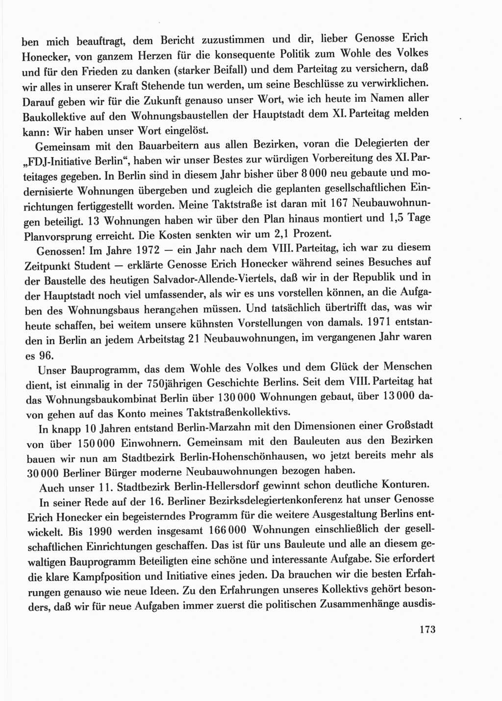 Protokoll der Verhandlungen des Ⅺ. Parteitages der Sozialistischen Einheitspartei Deutschlands (SED) [Deutsche Demokratische Republik (DDR)] 1986, Seite 173