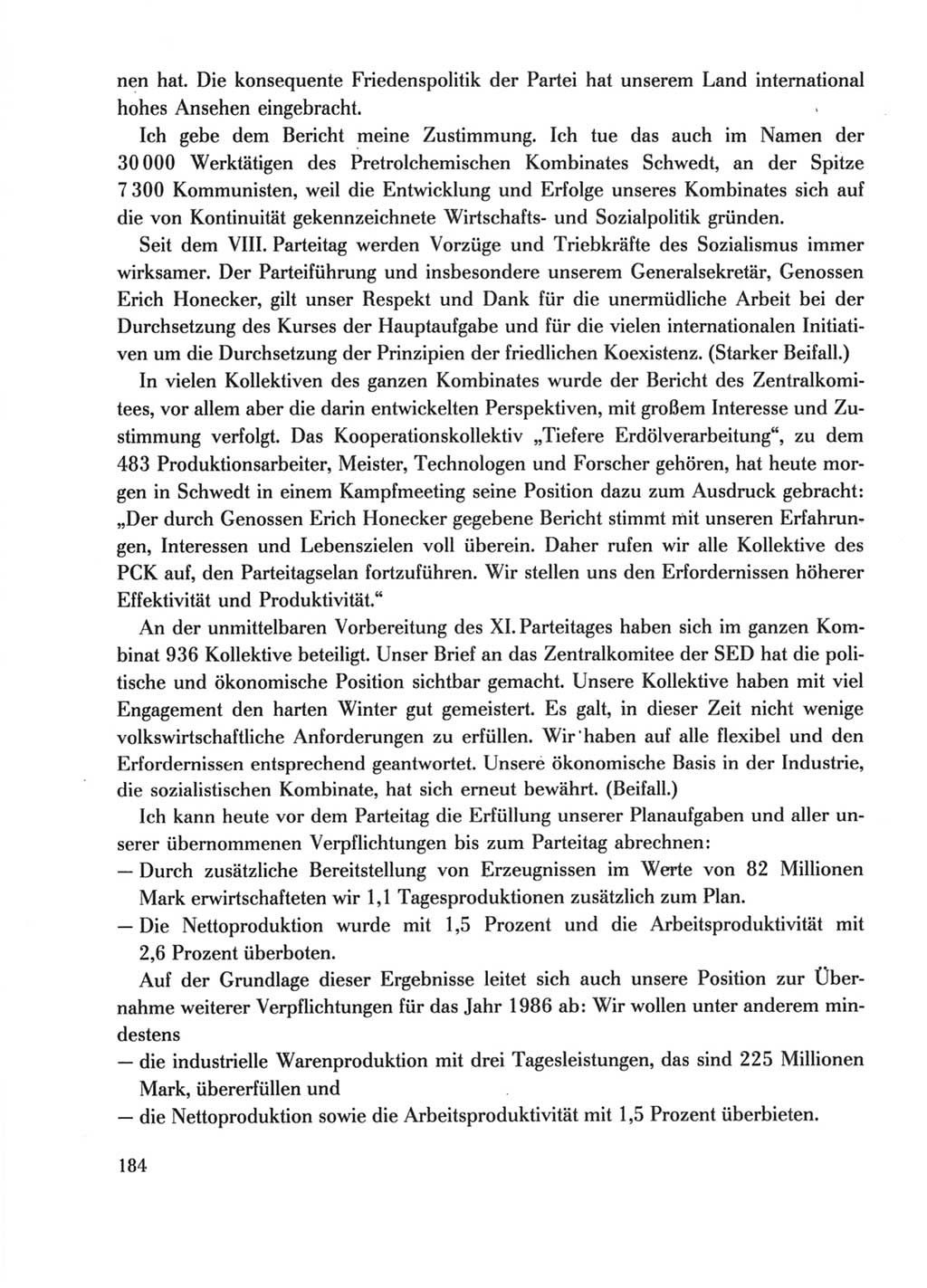 Protokoll der Verhandlungen des Ⅺ. Parteitages der Sozialistischen Einheitspartei Deutschlands (SED) [Deutsche Demokratische Republik (DDR)] 1986, Seite 184