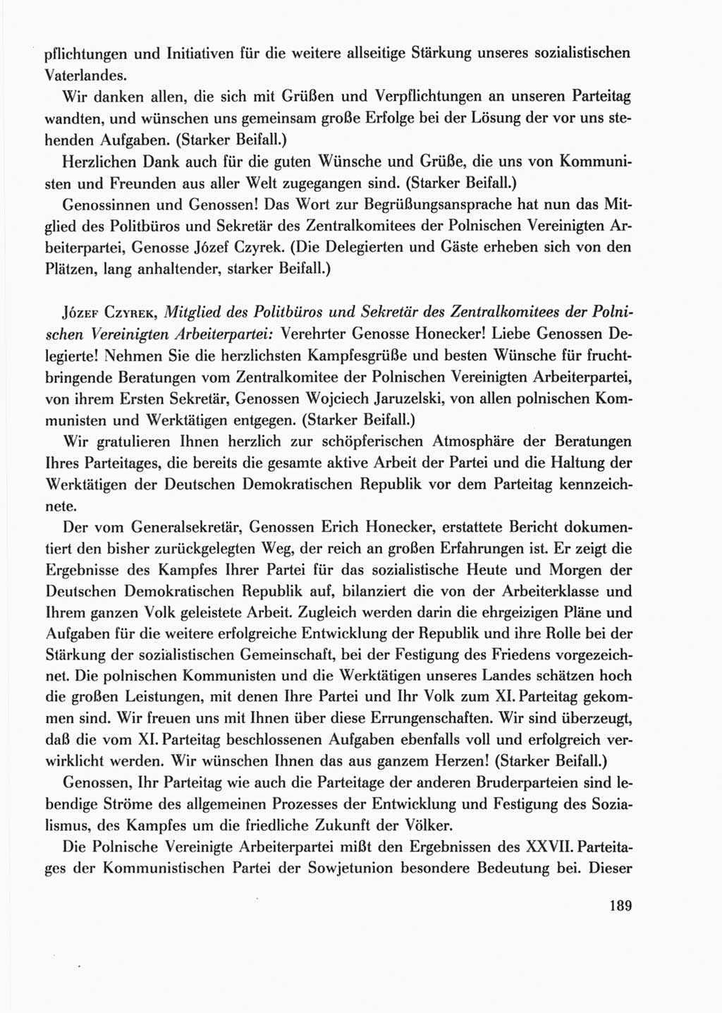 Protokoll der Verhandlungen des Ⅺ. Parteitages der Sozialistischen Einheitspartei Deutschlands (SED) [Deutsche Demokratische Republik (DDR)] 1986, Seite 189