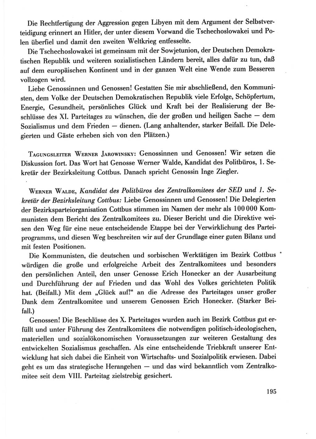 Protokoll der Verhandlungen des Ⅺ. Parteitages der Sozialistischen Einheitspartei Deutschlands (SED) [Deutsche Demokratische Republik (DDR)] 1986, Seite 195