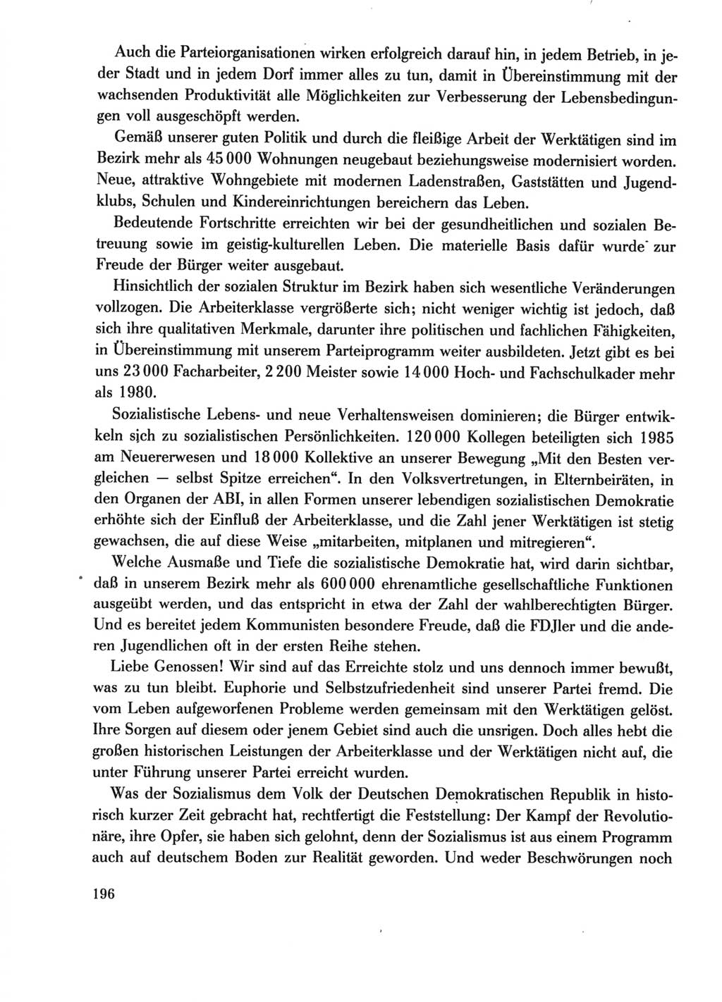 Protokoll der Verhandlungen des Ⅺ. Parteitages der Sozialistischen Einheitspartei Deutschlands (SED) [Deutsche Demokratische Republik (DDR)] 1986, Seite 196