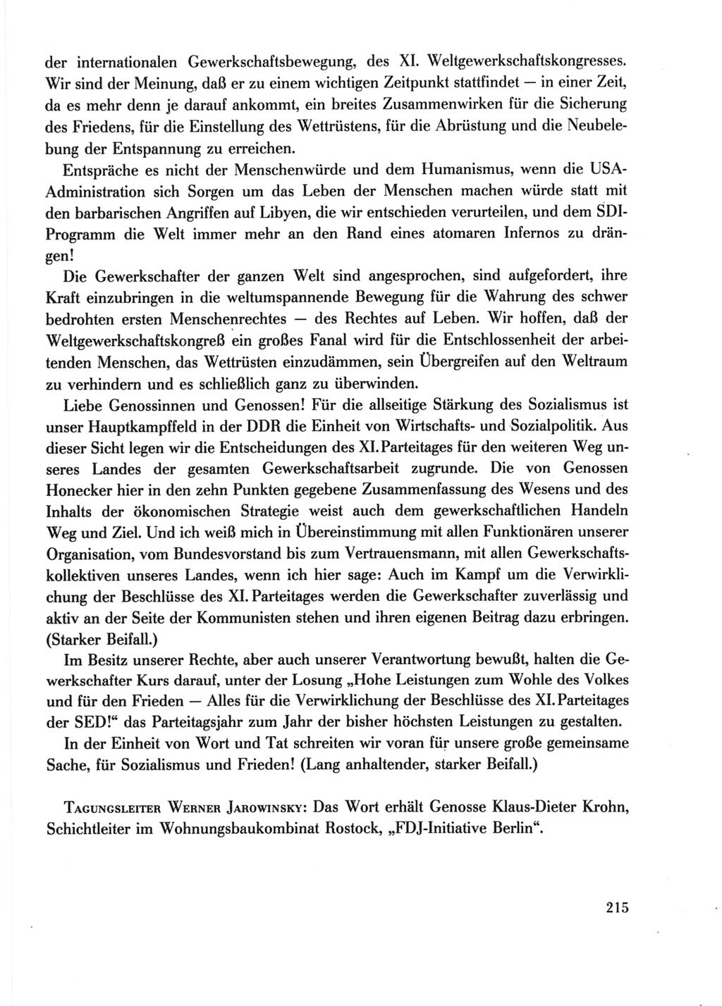 Protokoll der Verhandlungen des Ⅺ. Parteitages der Sozialistischen Einheitspartei Deutschlands (SED) [Deutsche Demokratische Republik (DDR)] 1986, Seite 215