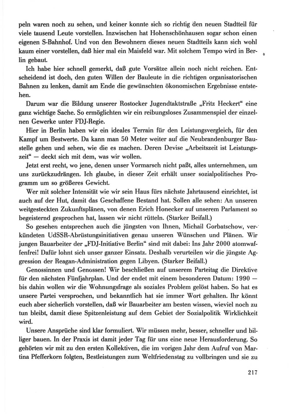 Protokoll der Verhandlungen des Ⅺ. Parteitages der Sozialistischen Einheitspartei Deutschlands (SED) [Deutsche Demokratische Republik (DDR)] 1986, Seite 217