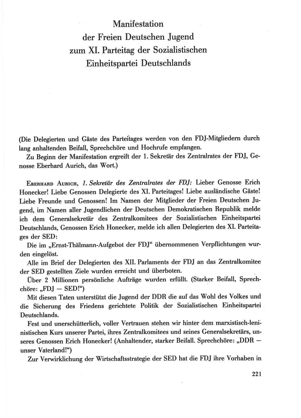Protokoll der Verhandlungen des Ⅺ. Parteitages der Sozialistischen Einheitspartei Deutschlands (SED) [Deutsche Demokratische Republik (DDR)] 1986, Seite 221