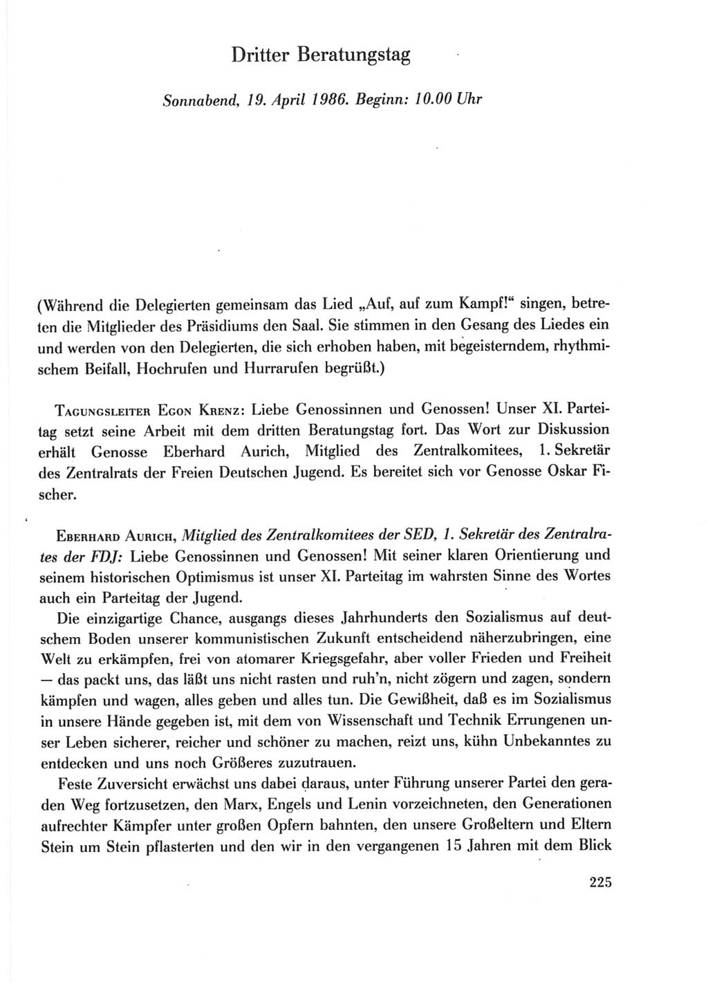 Protokoll der Verhandlungen des Ⅺ. Parteitages der Sozialistischen Einheitspartei Deutschlands (SED) [Deutsche Demokratische Republik (DDR)] 1986, Seite 225