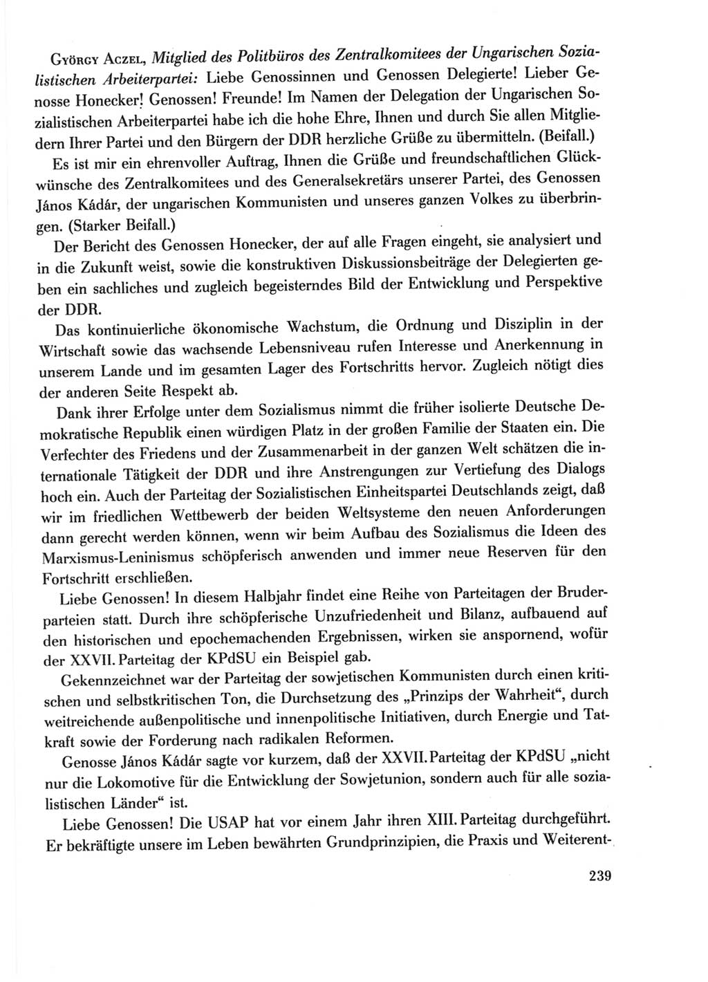 Protokoll der Verhandlungen des Ⅺ. Parteitages der Sozialistischen Einheitspartei Deutschlands (SED) [Deutsche Demokratische Republik (DDR)] 1986, Seite 239