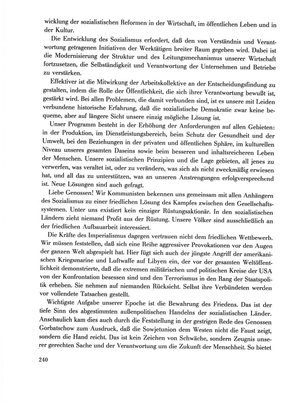 Protokoll der Verhandlungen des Ⅺ. Parteitages der Sozialistischen Einheitspartei Deutschlands (SED) [Deutsche Demokratische Republik (DDR)] 1986, Seite 240