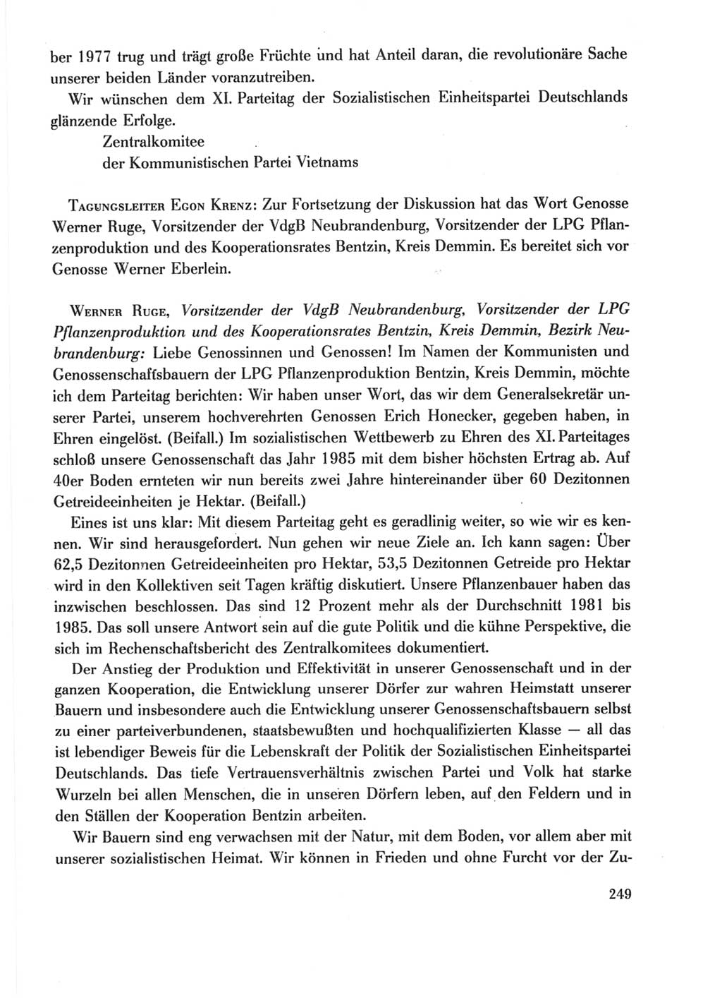 Protokoll der Verhandlungen des Ⅺ. Parteitages der Sozialistischen Einheitspartei Deutschlands (SED) [Deutsche Demokratische Republik (DDR)] 1986, Seite 249