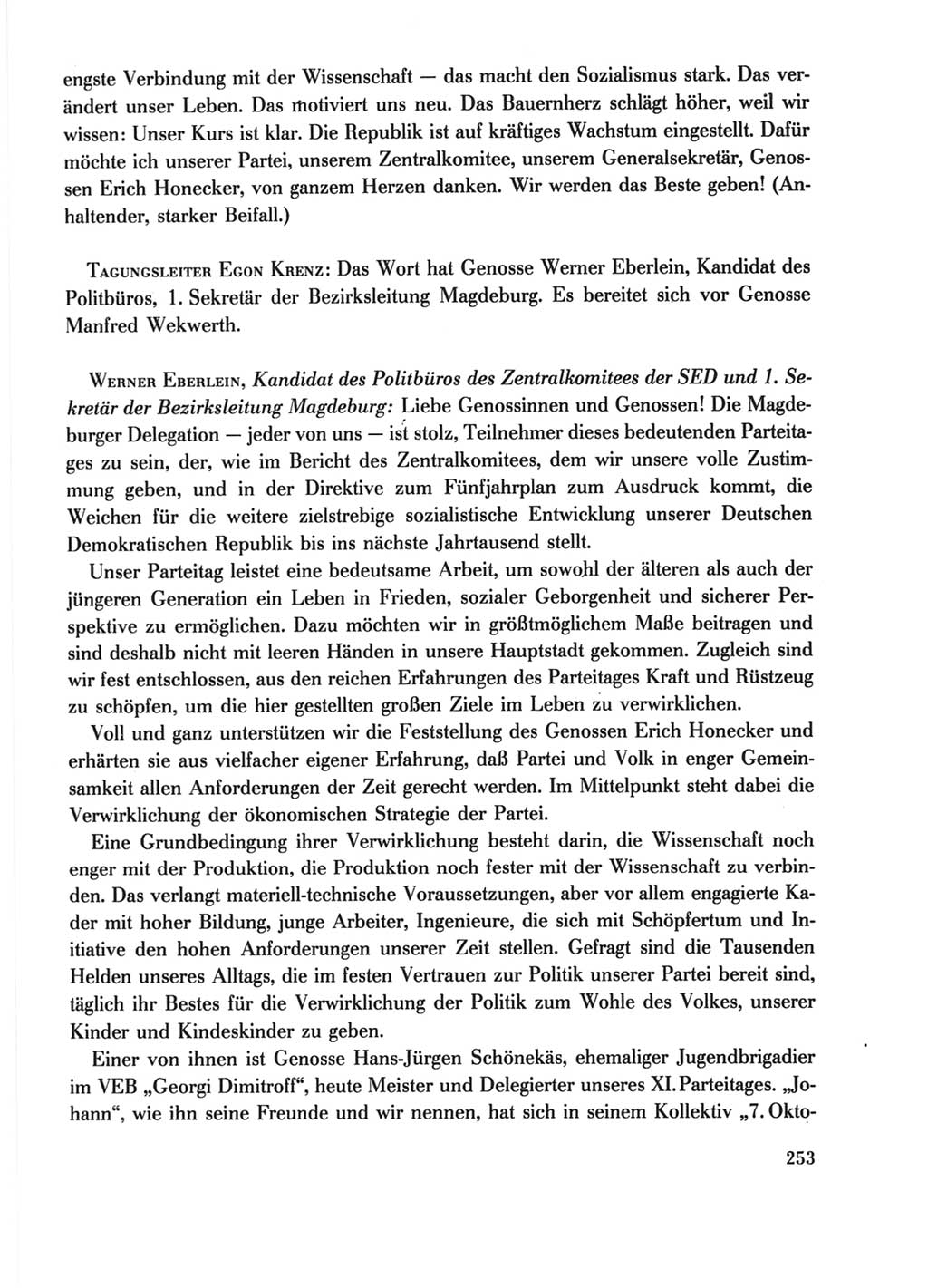 Protokoll der Verhandlungen des Ⅺ. Parteitages der Sozialistischen Einheitspartei Deutschlands (SED) [Deutsche Demokratische Republik (DDR)] 1986, Seite 253