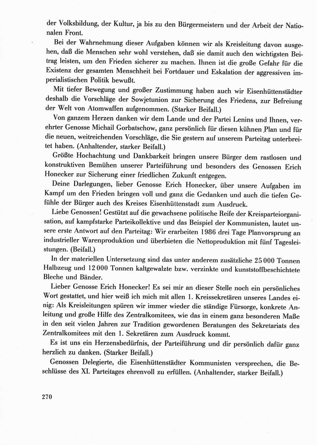Protokoll der Verhandlungen des Ⅺ. Parteitages der Sozialistischen Einheitspartei Deutschlands (SED) [Deutsche Demokratische Republik (DDR)] 1986, Seite 270
