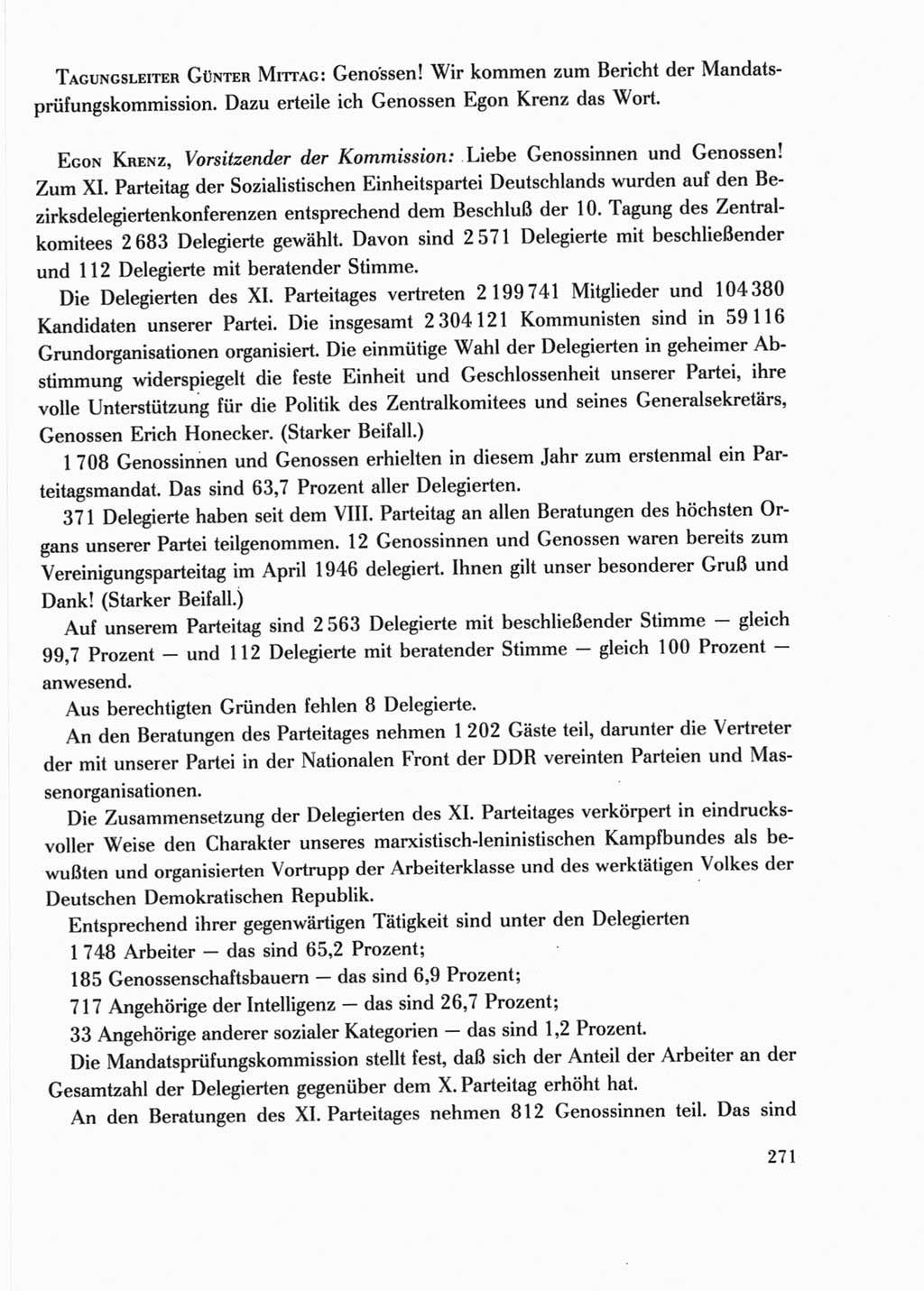 Protokoll der Verhandlungen des Ⅺ. Parteitages der Sozialistischen Einheitspartei Deutschlands (SED) [Deutsche Demokratische Republik (DDR)] 1986, Seite 271