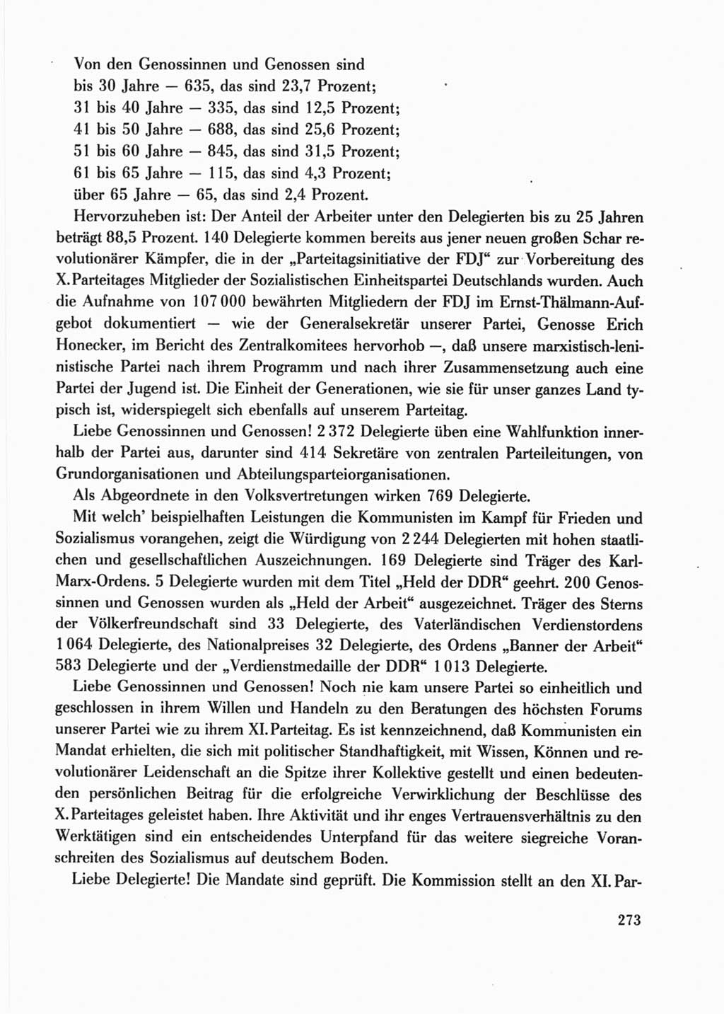 Protokoll der Verhandlungen des Ⅺ. Parteitages der Sozialistischen Einheitspartei Deutschlands (SED) [Deutsche Demokratische Republik (DDR)] 1986, Seite 273