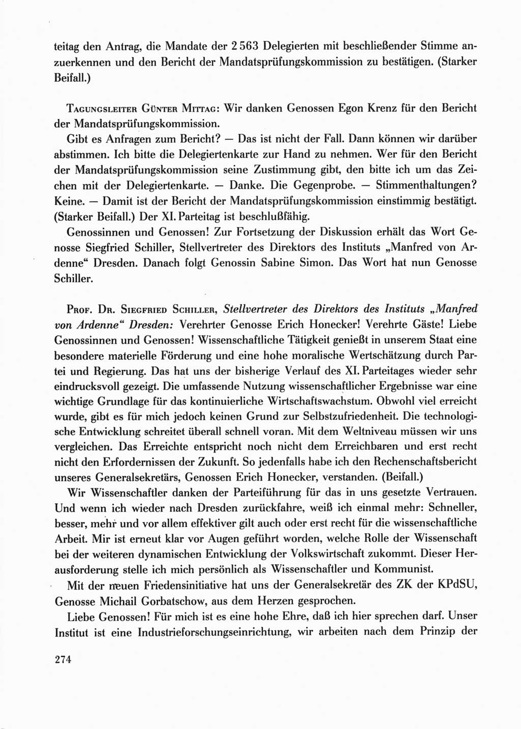 Protokoll der Verhandlungen des Ⅺ. Parteitages der Sozialistischen Einheitspartei Deutschlands (SED) [Deutsche Demokratische Republik (DDR)] 1986, Seite 274