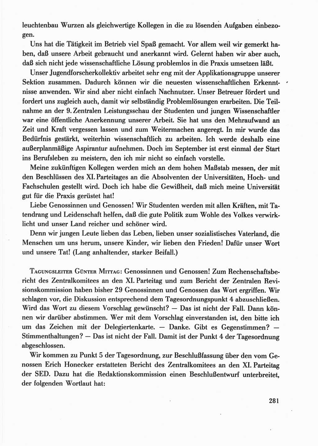 Protokoll der Verhandlungen des Ⅺ. Parteitages der Sozialistischen Einheitspartei Deutschlands (SED) [Deutsche Demokratische Republik (DDR)] 1986, Seite 281