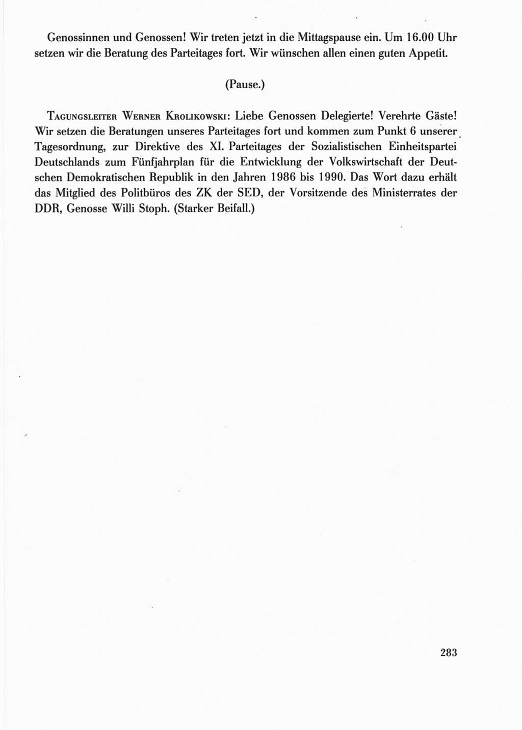 Protokoll der Verhandlungen des Ⅺ. Parteitages der Sozialistischen Einheitspartei Deutschlands (SED) [Deutsche Demokratische Republik (DDR)] 1986, Seite 283