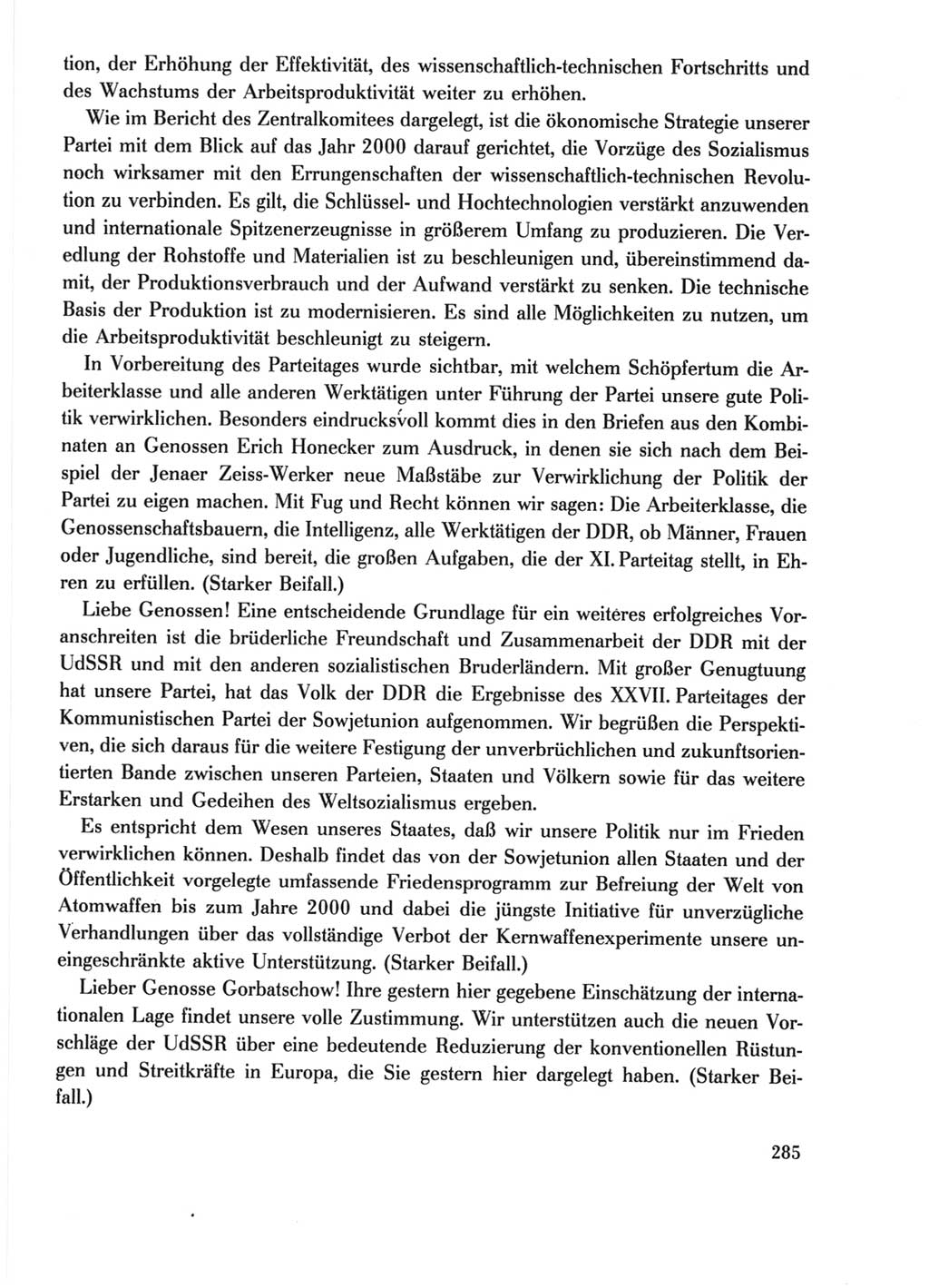 Protokoll der Verhandlungen des Ⅺ. Parteitages der Sozialistischen Einheitspartei Deutschlands (SED) [Deutsche Demokratische Republik (DDR)] 1986, Seite 285