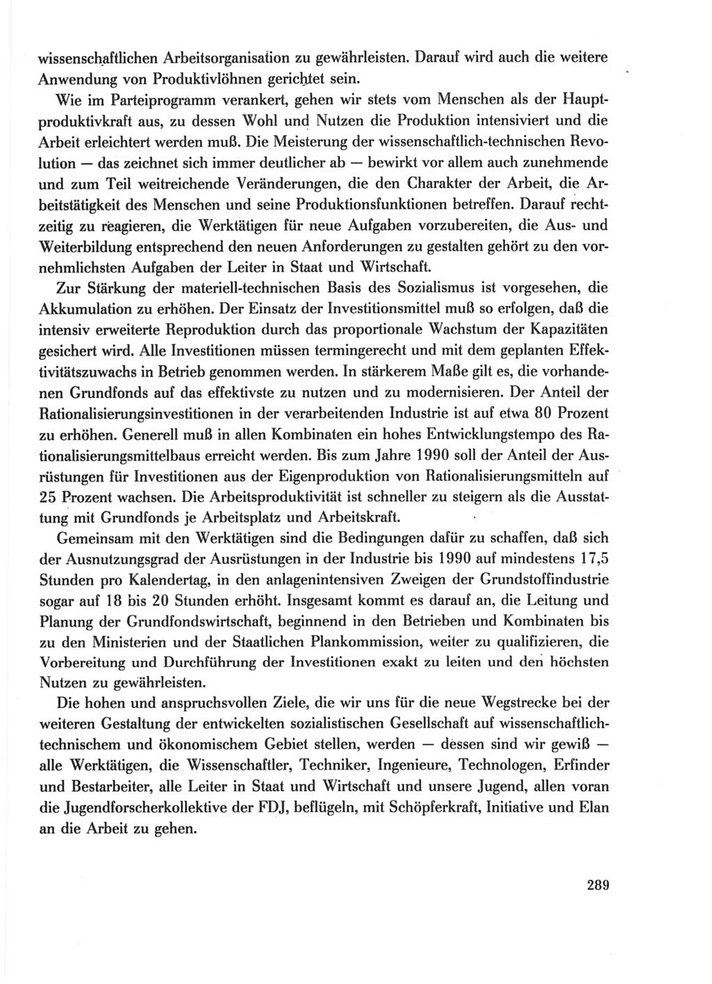 Protokoll der Verhandlungen des Ⅺ. Parteitages der Sozialistischen Einheitspartei Deutschlands (SED) [Deutsche Demokratische Republik (DDR)] 1986, Seite 289