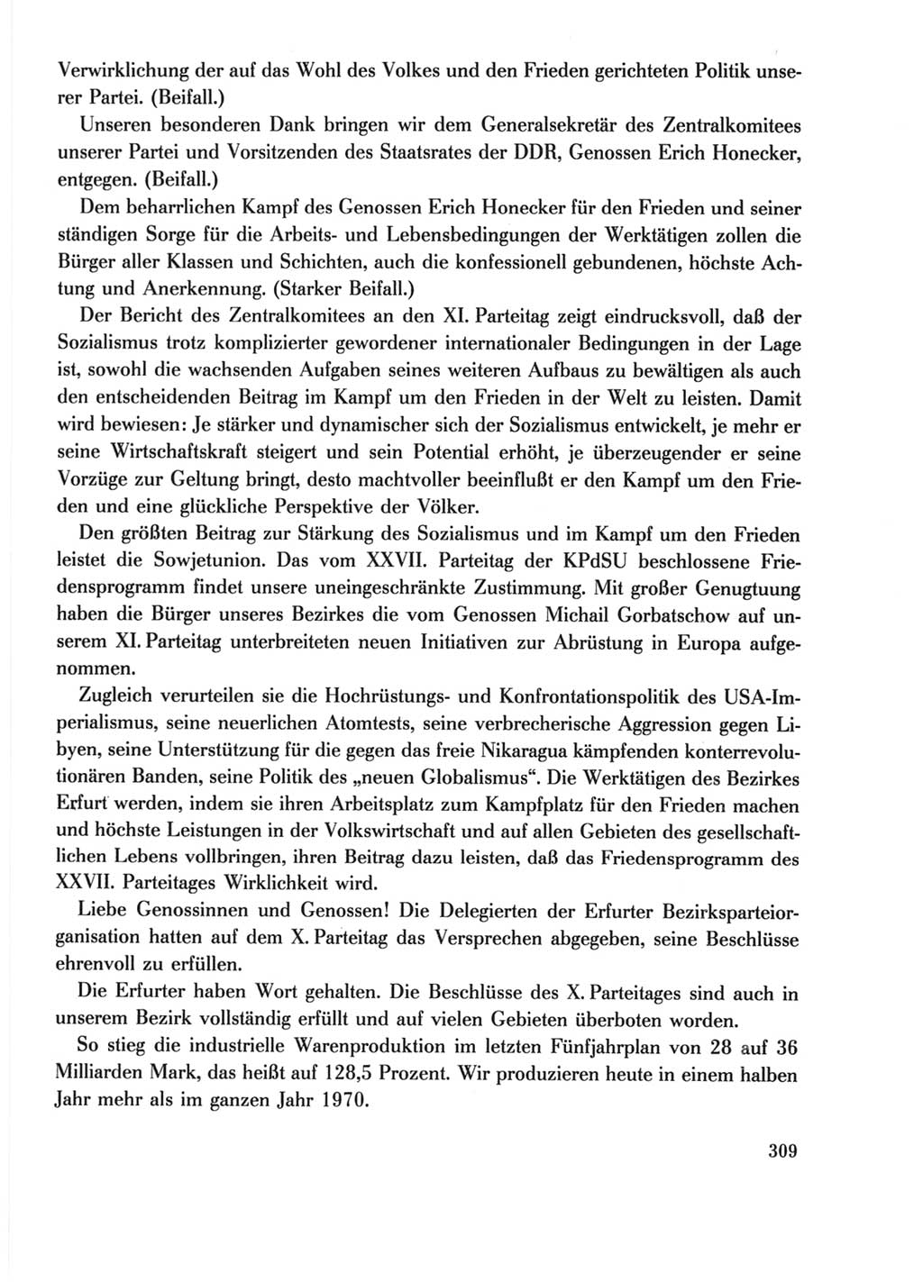 Protokoll der Verhandlungen des Ⅺ. Parteitages der Sozialistischen Einheitspartei Deutschlands (SED) [Deutsche Demokratische Republik (DDR)] 1986, Seite 309