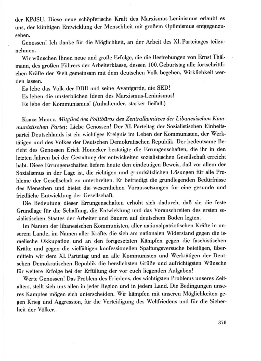 Protokoll der Verhandlungen des Ⅺ. Parteitages der Sozialistischen Einheitspartei Deutschlands (SED) [Deutsche Demokratische Republik (DDR)] 1986, Seite 379