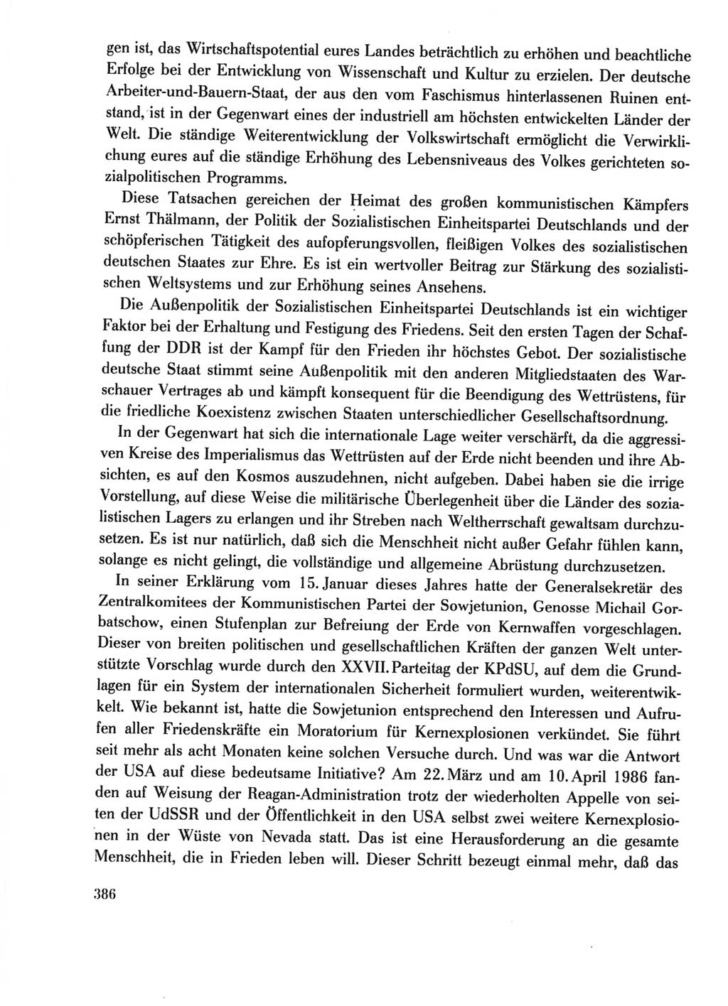 Protokoll der Verhandlungen des Ⅺ. Parteitages der Sozialistischen Einheitspartei Deutschlands (SED) [Deutsche Demokratische Republik (DDR)] 1986, Seite 386