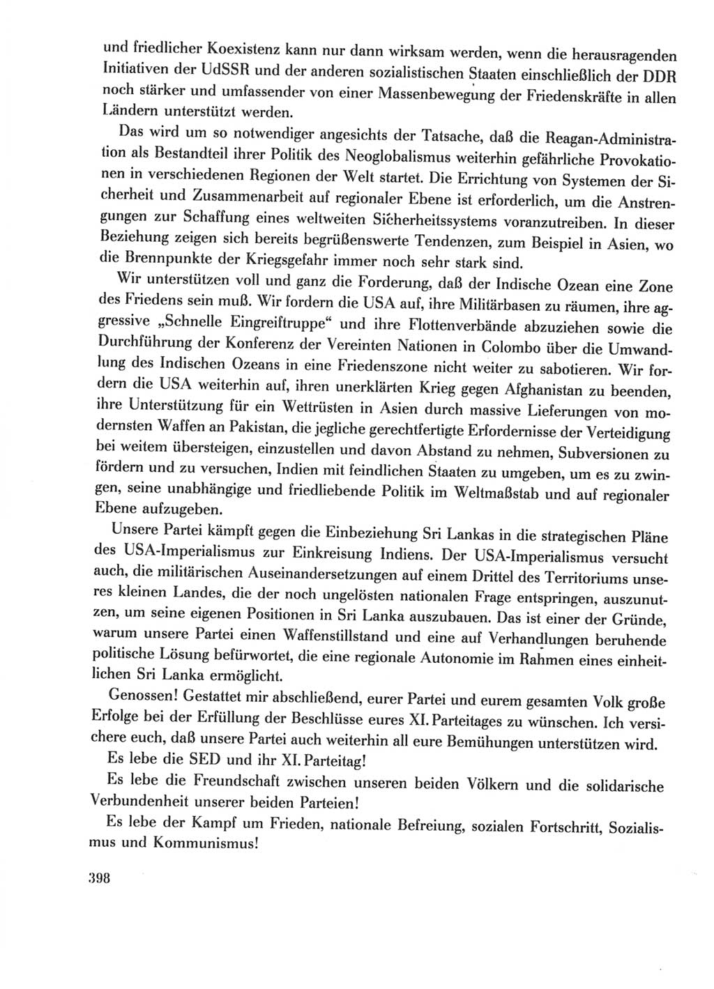 Protokoll der Verhandlungen des Ⅺ. Parteitages der Sozialistischen Einheitspartei Deutschlands (SED) [Deutsche Demokratische Republik (DDR)] 1986, Seite 398