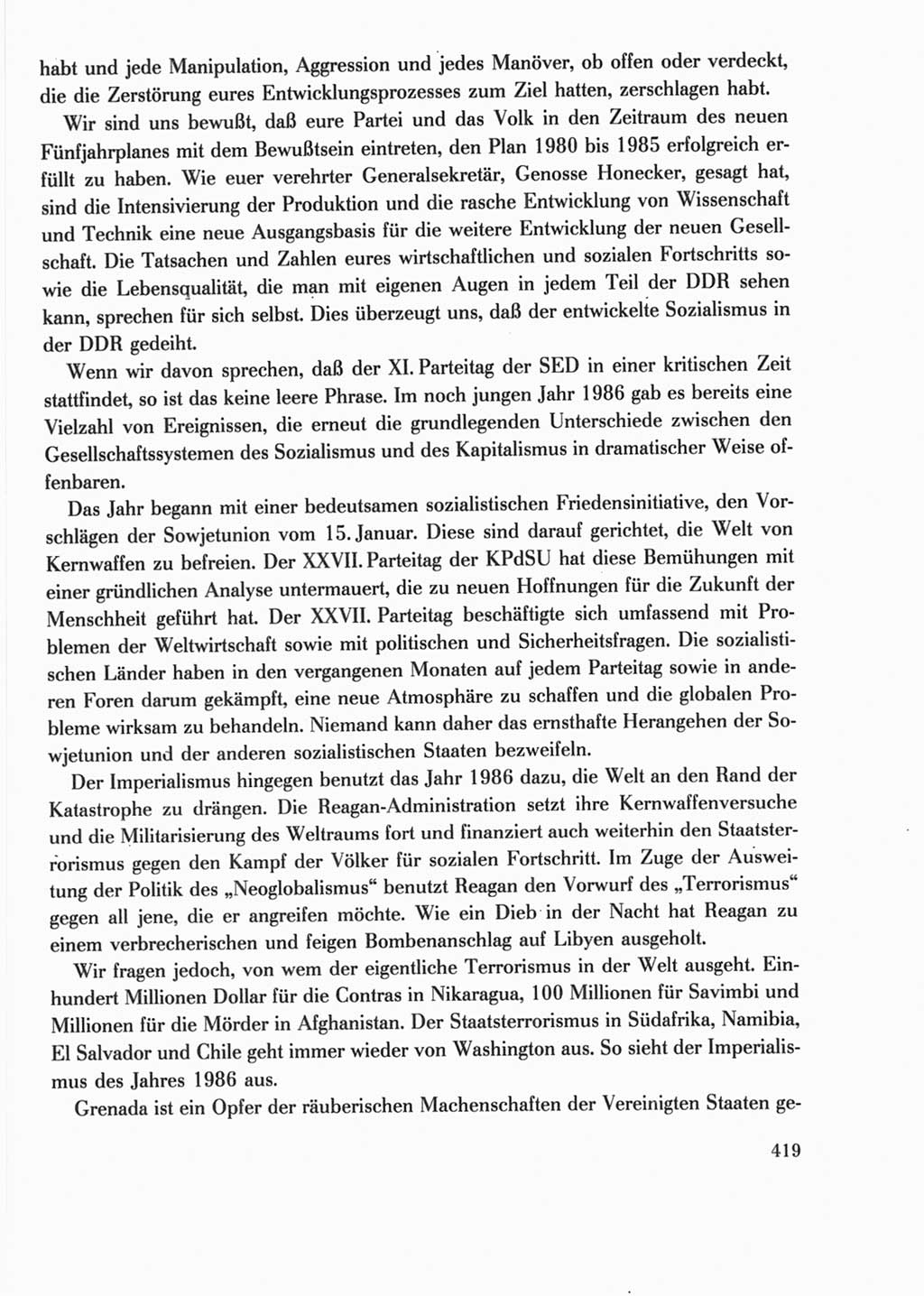 Protokoll der Verhandlungen des Ⅺ. Parteitages der Sozialistischen Einheitspartei Deutschlands (SED) [Deutsche Demokratische Republik (DDR)] 1986, Seite 419