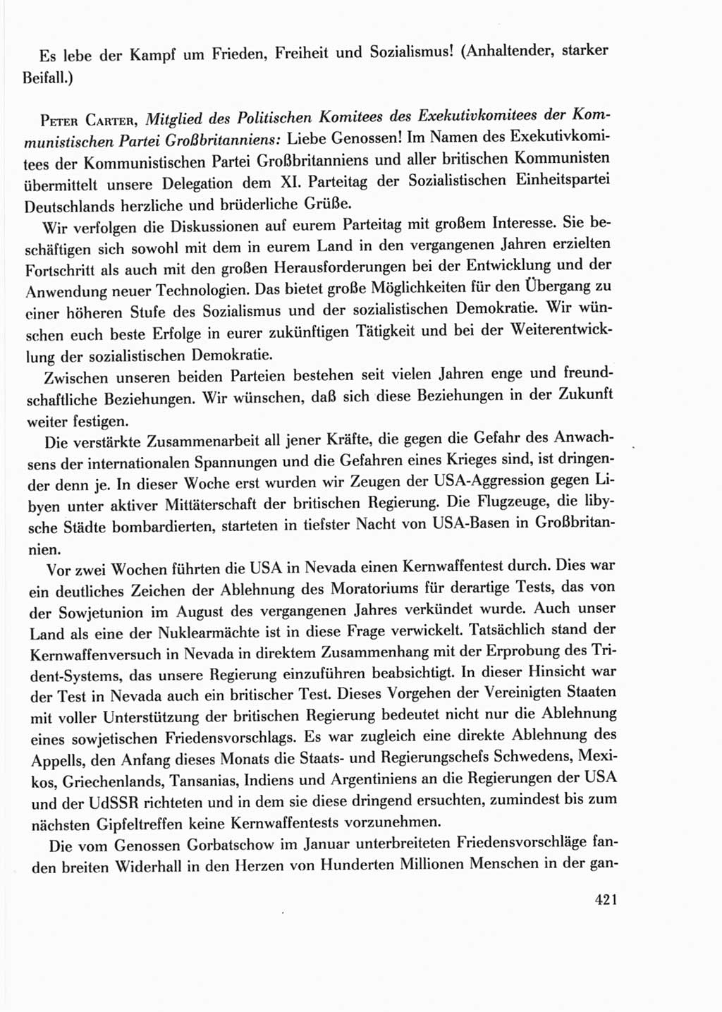 Protokoll der Verhandlungen des Ⅺ. Parteitages der Sozialistischen Einheitspartei Deutschlands (SED) [Deutsche Demokratische Republik (DDR)] 1986, Seite 421
