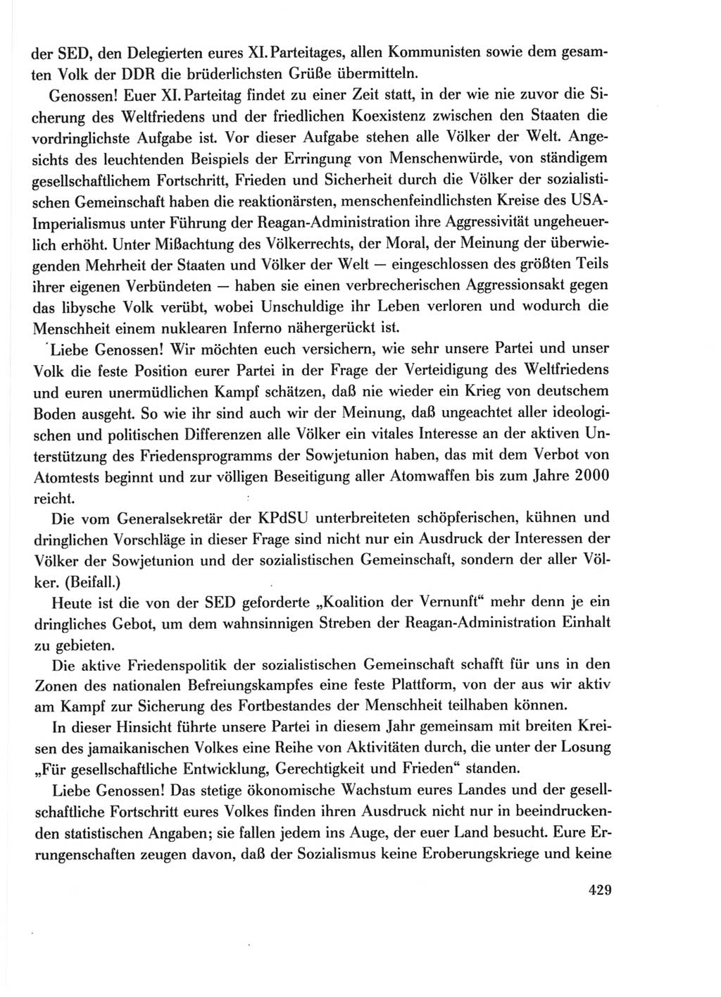 Protokoll der Verhandlungen des Ⅺ. Parteitages der Sozialistischen Einheitspartei Deutschlands (SED) [Deutsche Demokratische Republik (DDR)] 1986, Seite 429