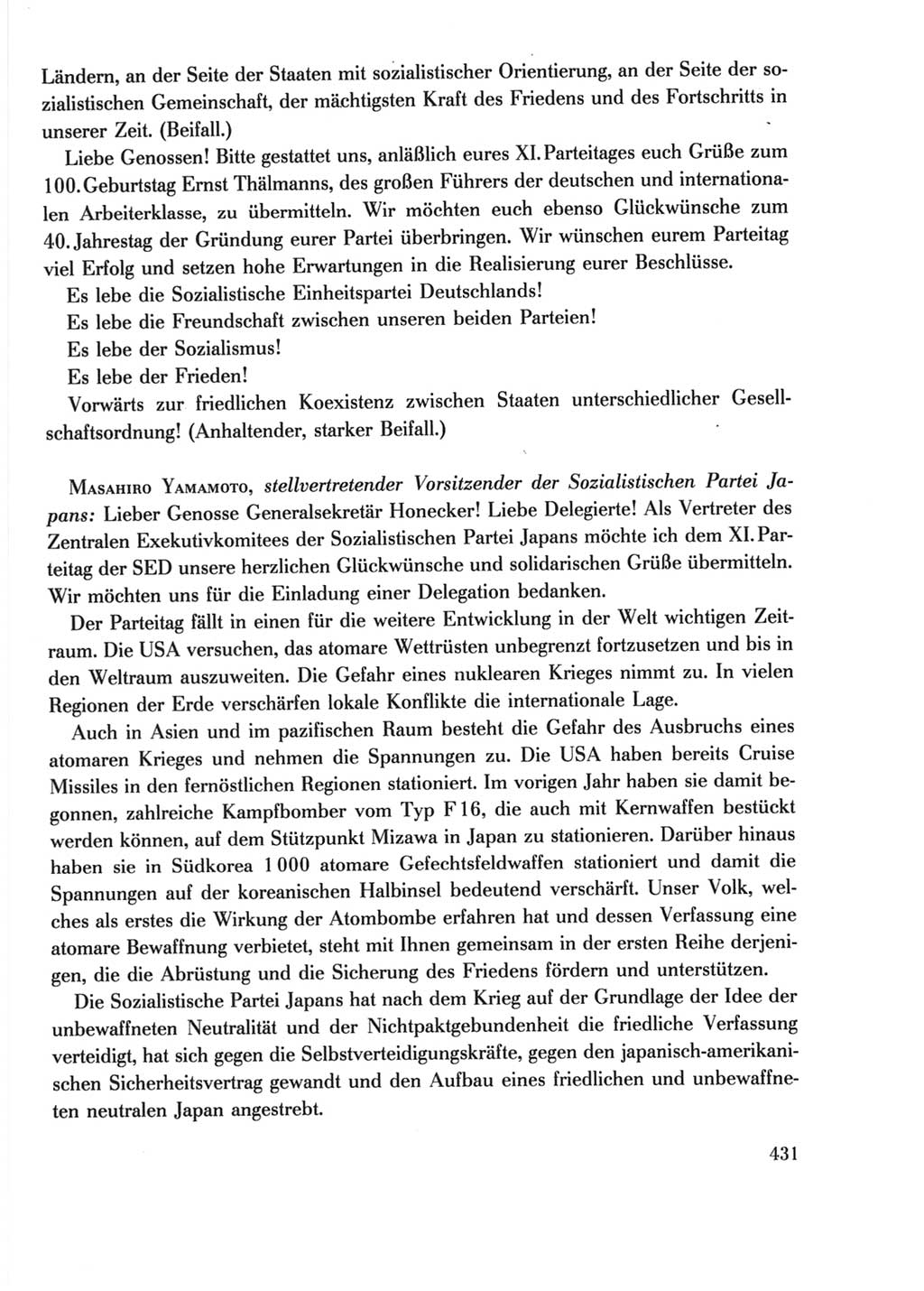 Protokoll der Verhandlungen des Ⅺ. Parteitages der Sozialistischen Einheitspartei Deutschlands (SED) [Deutsche Demokratische Republik (DDR)] 1986, Seite 431