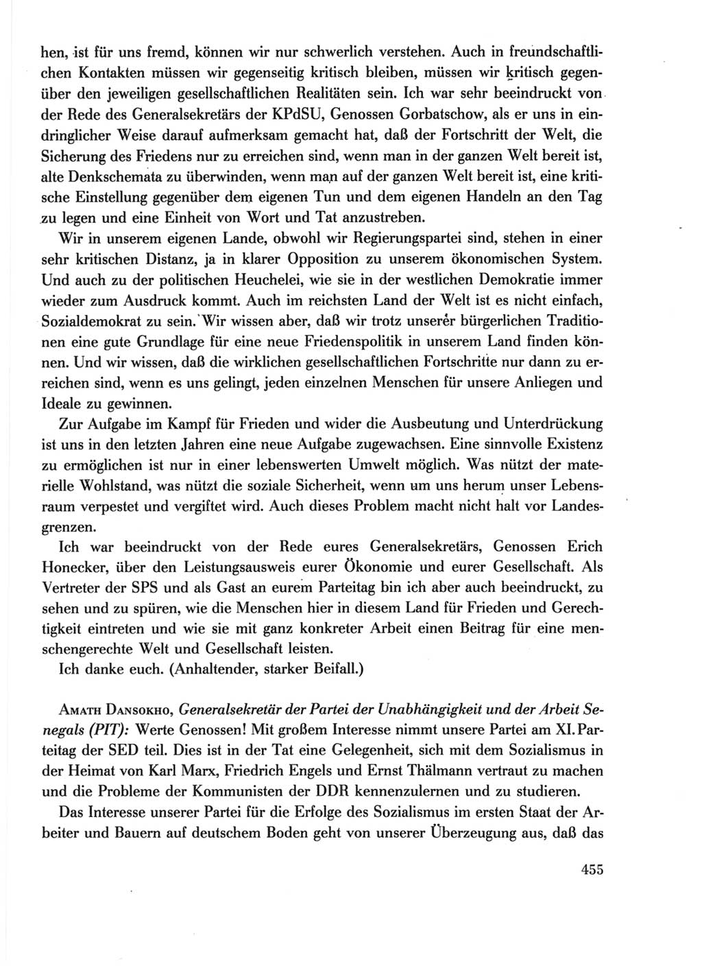 Protokoll der Verhandlungen des Ⅺ. Parteitages der Sozialistischen Einheitspartei Deutschlands (SED) [Deutsche Demokratische Republik (DDR)] 1986, Seite 455