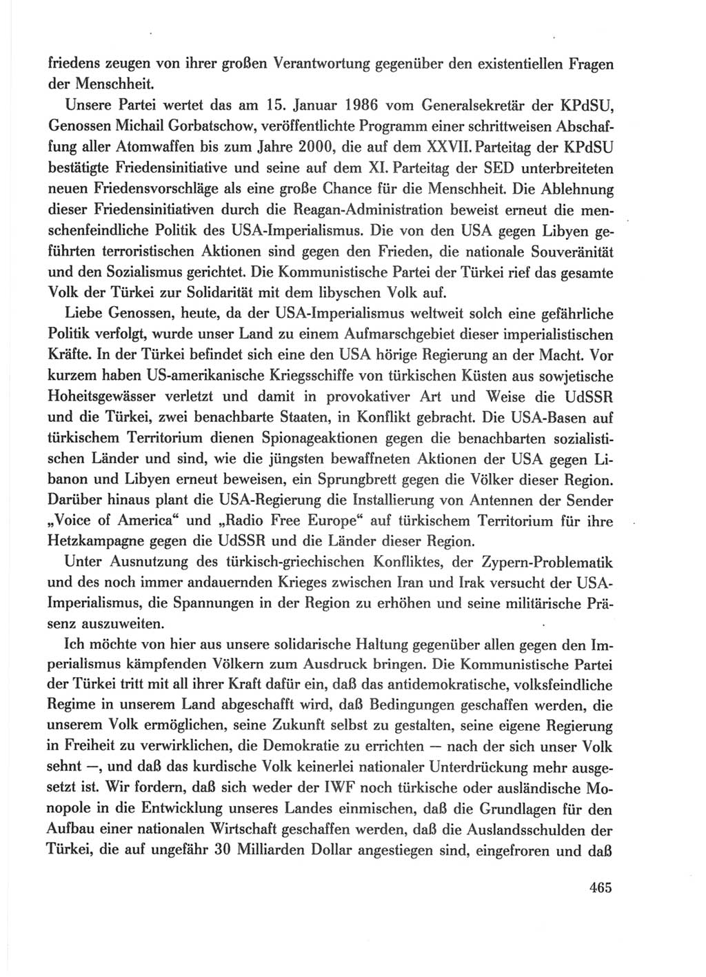 Protokoll der Verhandlungen des Ⅺ. Parteitages der Sozialistischen Einheitspartei Deutschlands (SED) [Deutsche Demokratische Republik (DDR)] 1986, Seite 465