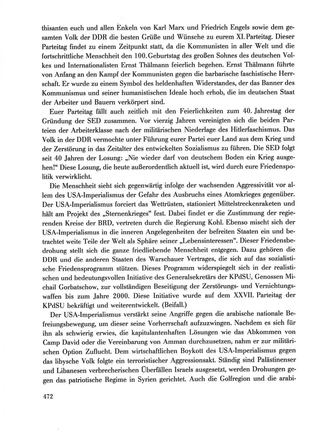 Protokoll der Verhandlungen des Ⅺ. Parteitages der Sozialistischen Einheitspartei Deutschlands (SED) [Deutsche Demokratische Republik (DDR)] 1986, Seite 472