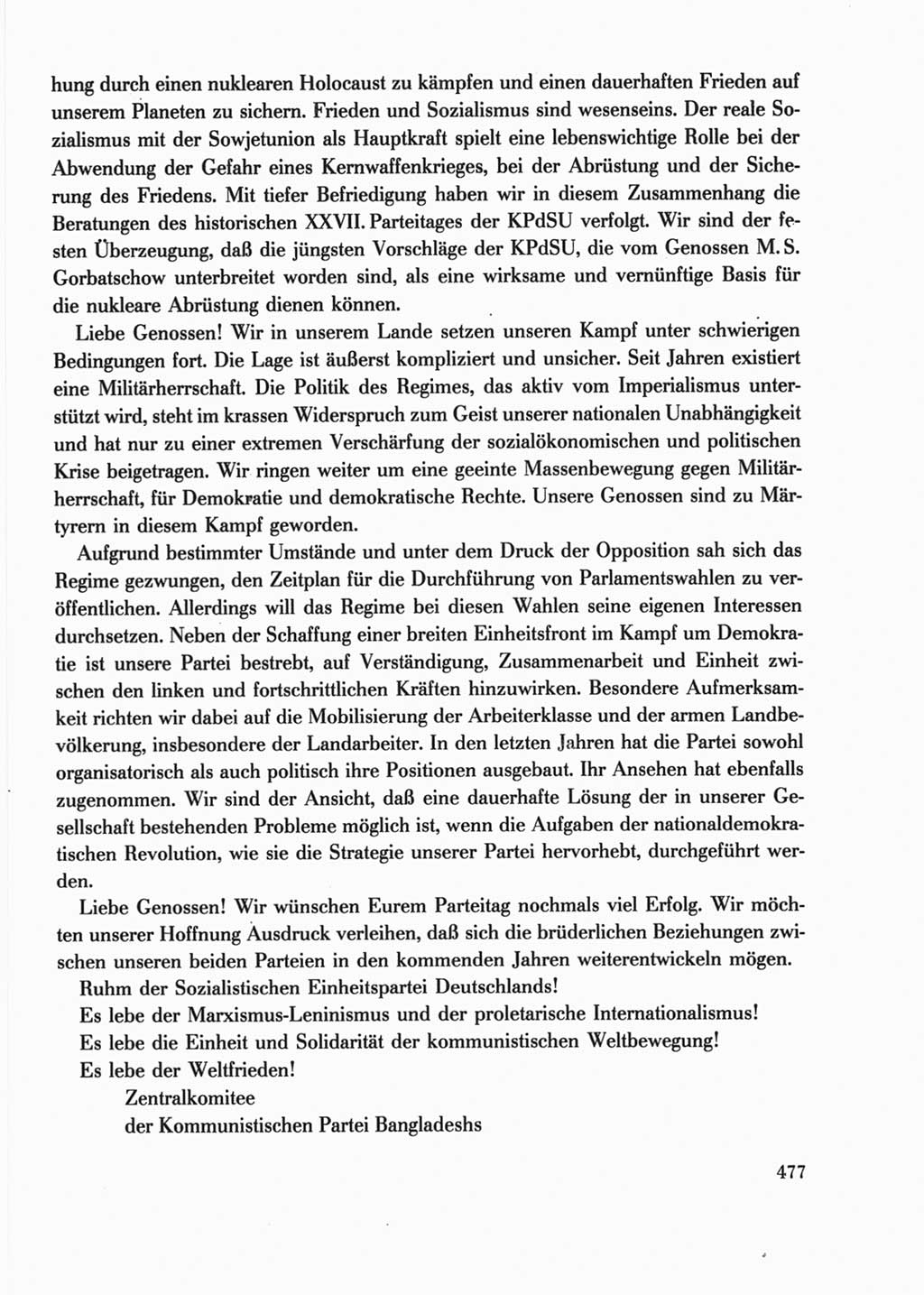 Protokoll der Verhandlungen des Ⅺ. Parteitages der Sozialistischen Einheitspartei Deutschlands (SED) [Deutsche Demokratische Republik (DDR)] 1986, Seite 477