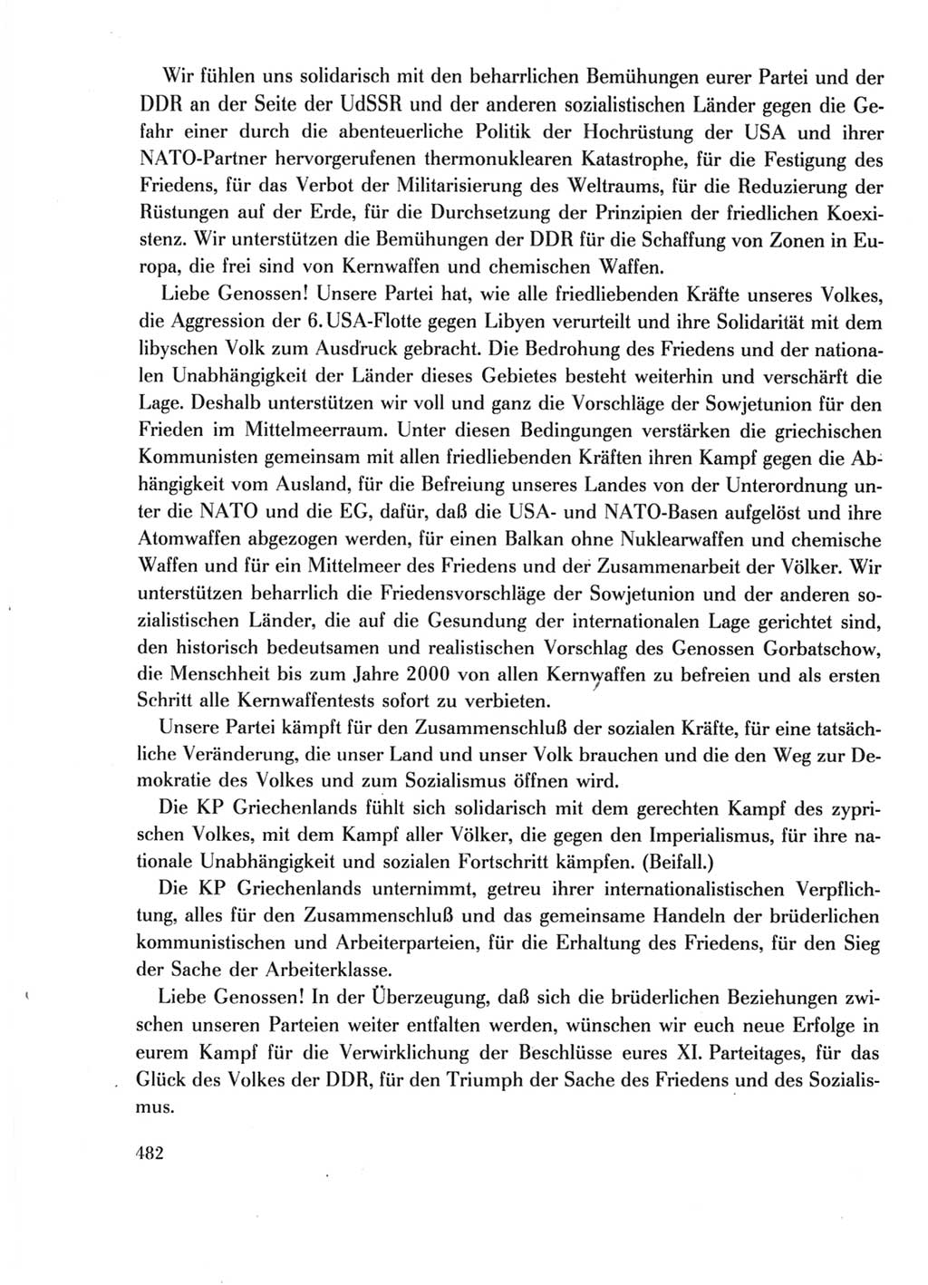 Protokoll der Verhandlungen des Ⅺ. Parteitages der Sozialistischen Einheitspartei Deutschlands (SED) [Deutsche Demokratische Republik (DDR)] 1986, Seite 482