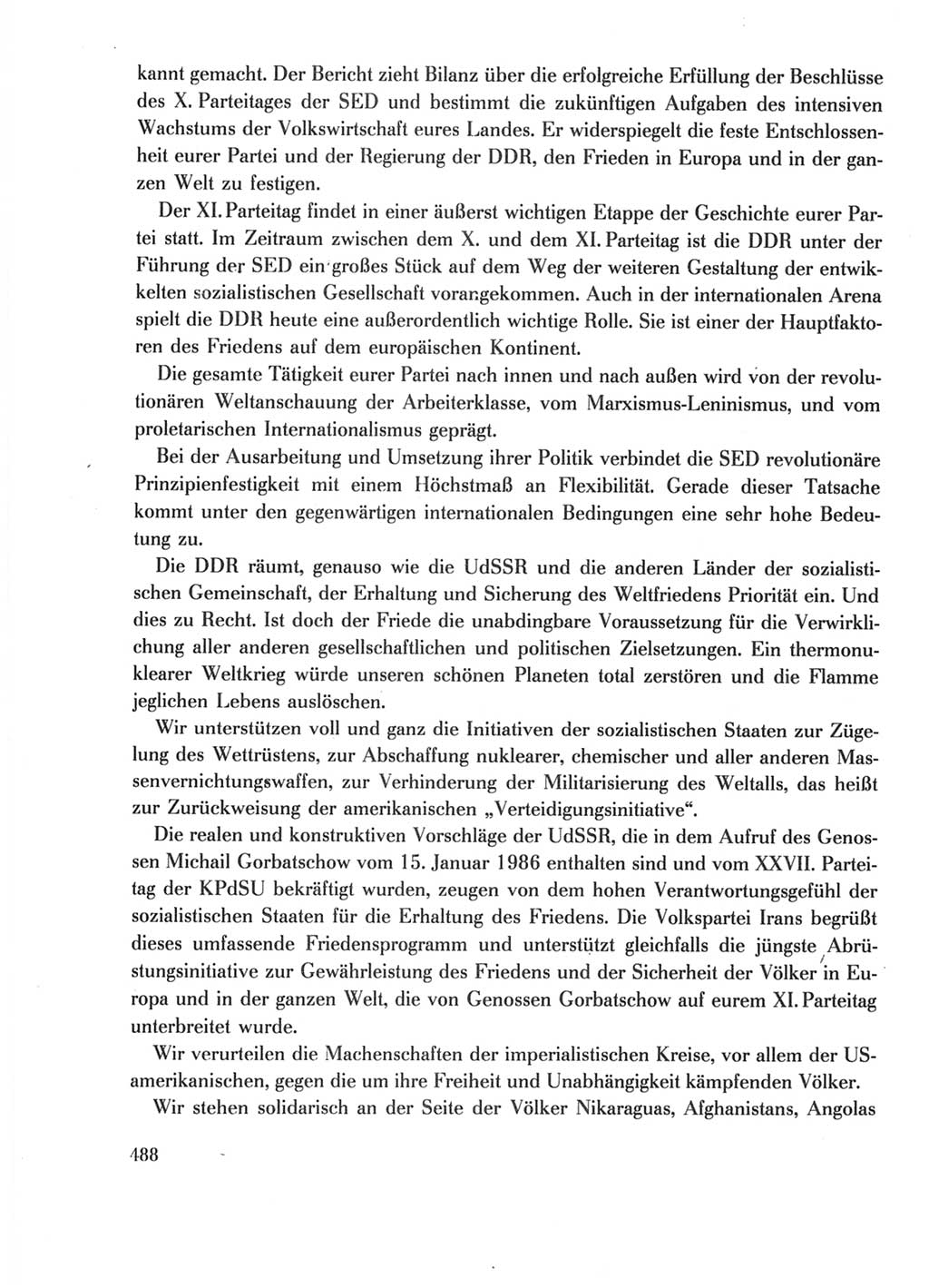 Protokoll der Verhandlungen des Ⅺ. Parteitages der Sozialistischen Einheitspartei Deutschlands (SED) [Deutsche Demokratische Republik (DDR)] 1986, Seite 488