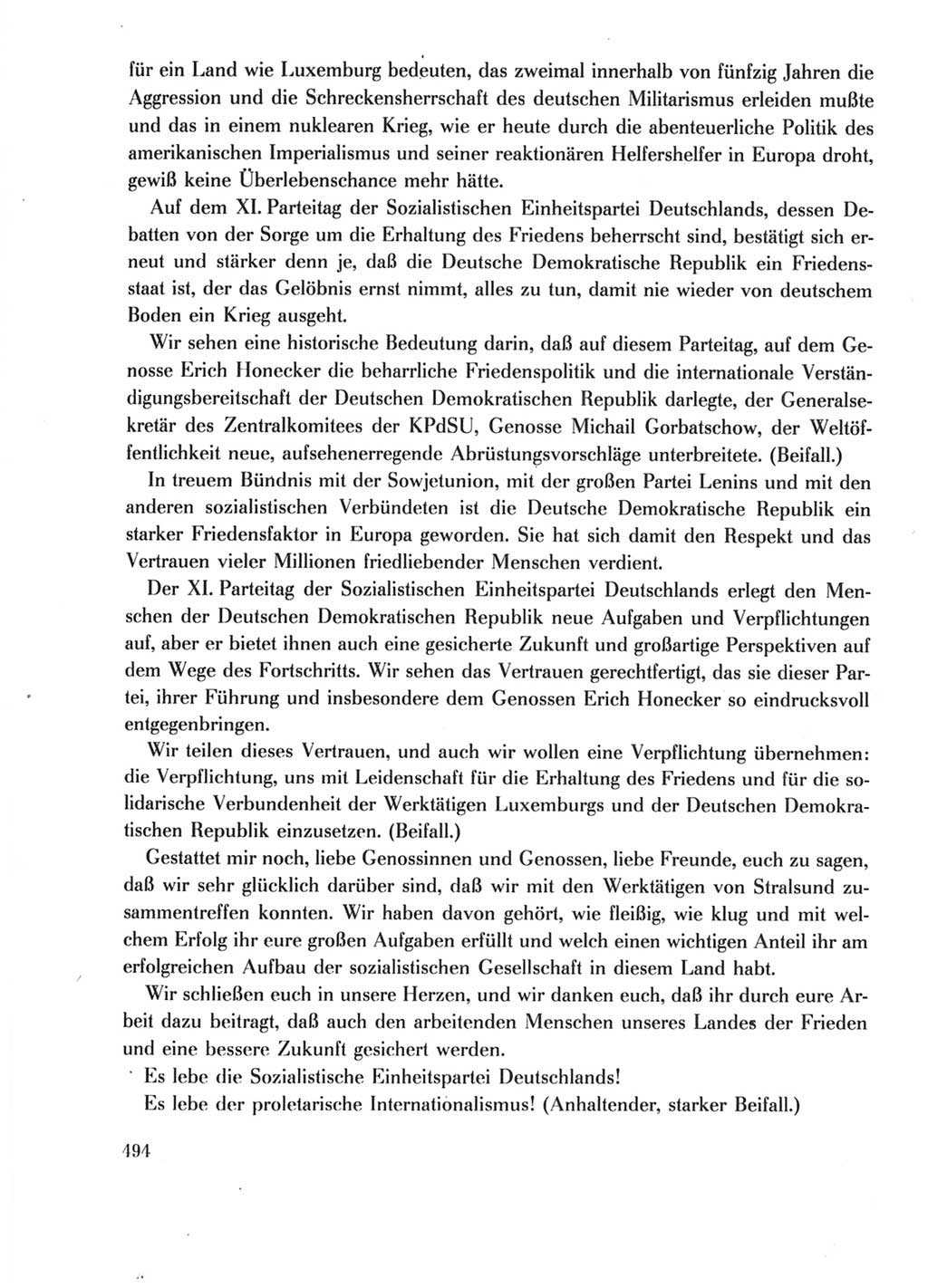 Protokoll der Verhandlungen des Ⅺ. Parteitages der Sozialistischen Einheitspartei Deutschlands (SED) [Deutsche Demokratische Republik (DDR)] 1986, Seite 494