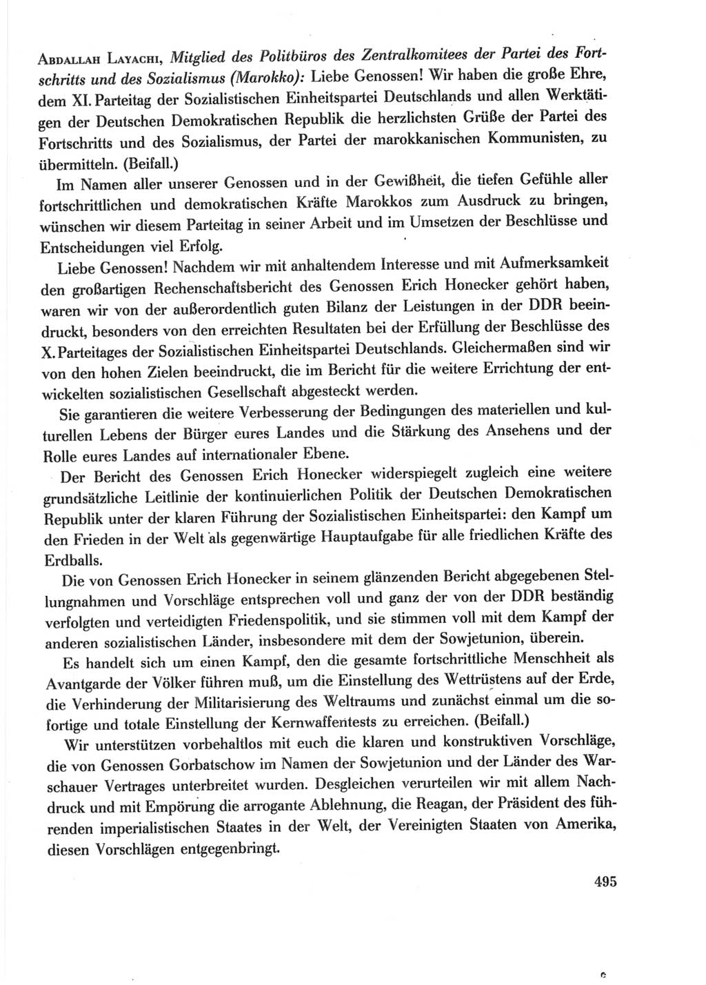 Protokoll der Verhandlungen des Ⅺ. Parteitages der Sozialistischen Einheitspartei Deutschlands (SED) [Deutsche Demokratische Republik (DDR)] 1986, Seite 495