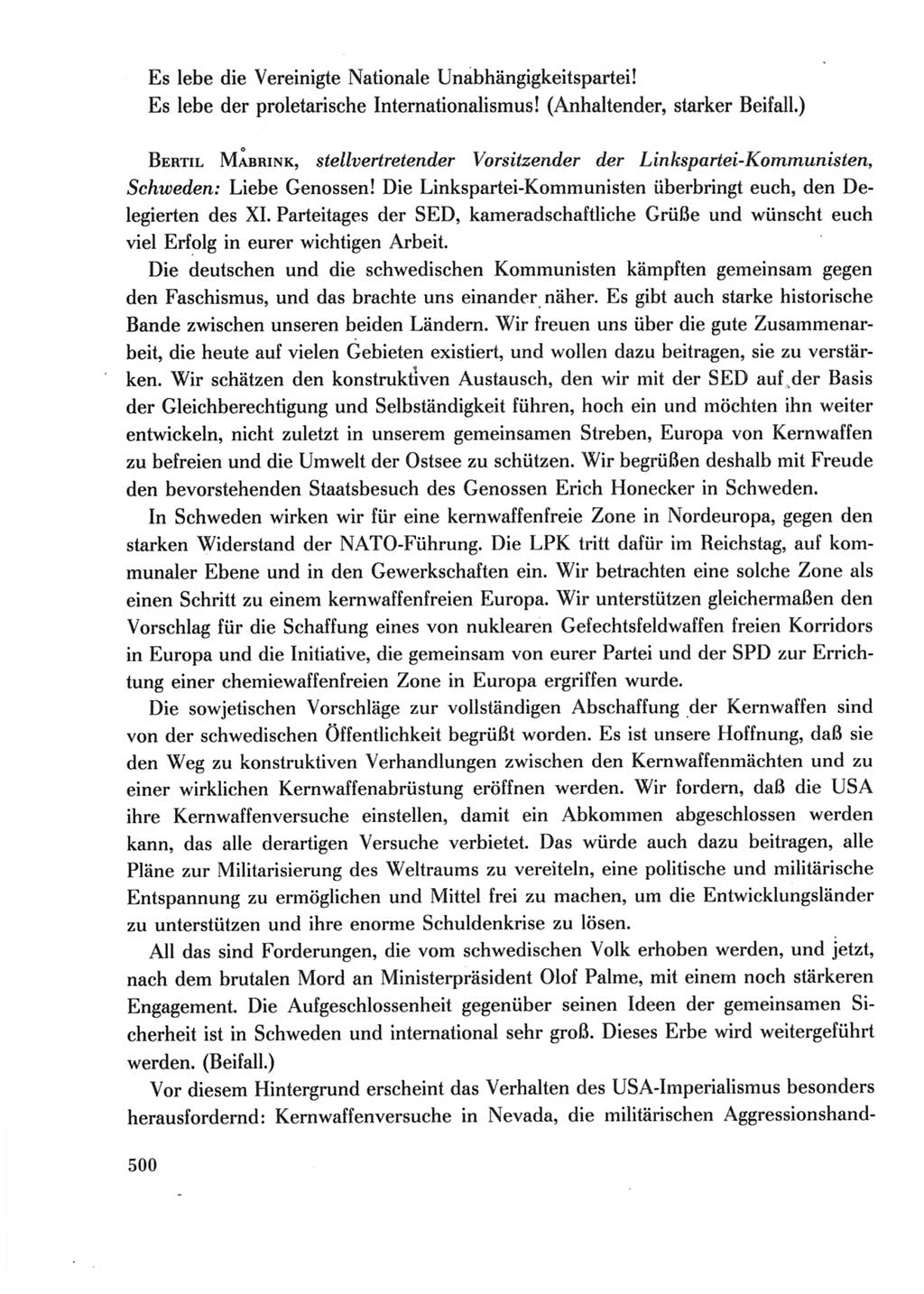Protokoll der Verhandlungen des Ⅺ. Parteitages der Sozialistischen Einheitspartei Deutschlands (SED) [Deutsche Demokratische Republik (DDR)] 1986, Seite 500