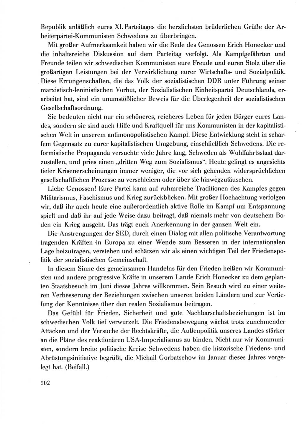 Protokoll der Verhandlungen des Ⅺ. Parteitages der Sozialistischen Einheitspartei Deutschlands (SED) [Deutsche Demokratische Republik (DDR)] 1986, Seite 502