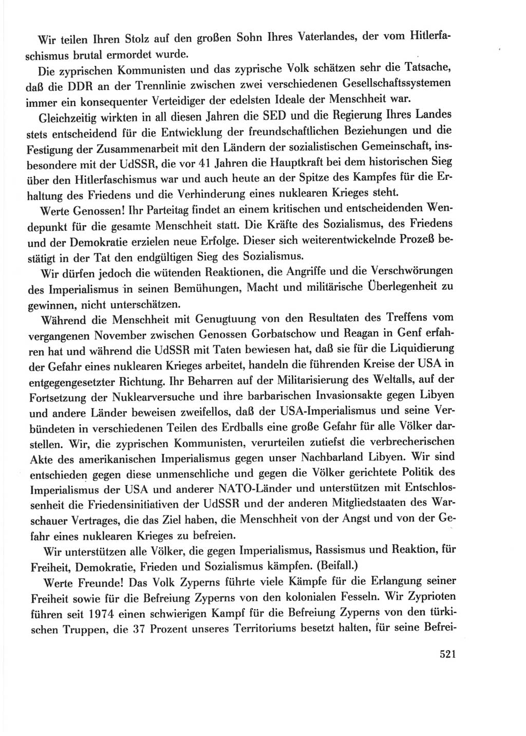 Protokoll der Verhandlungen des Ⅺ. Parteitages der Sozialistischen Einheitspartei Deutschlands (SED) [Deutsche Demokratische Republik (DDR)] 1986, Seite 521