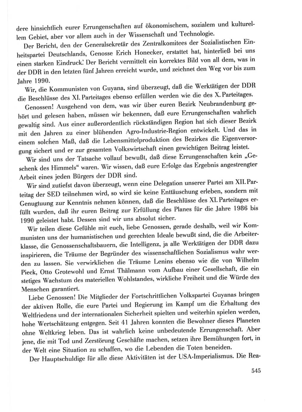 Protokoll der Verhandlungen des Ⅺ. Parteitages der Sozialistischen Einheitspartei Deutschlands (SED) [Deutsche Demokratische Republik (DDR)] 1986, Seite 545