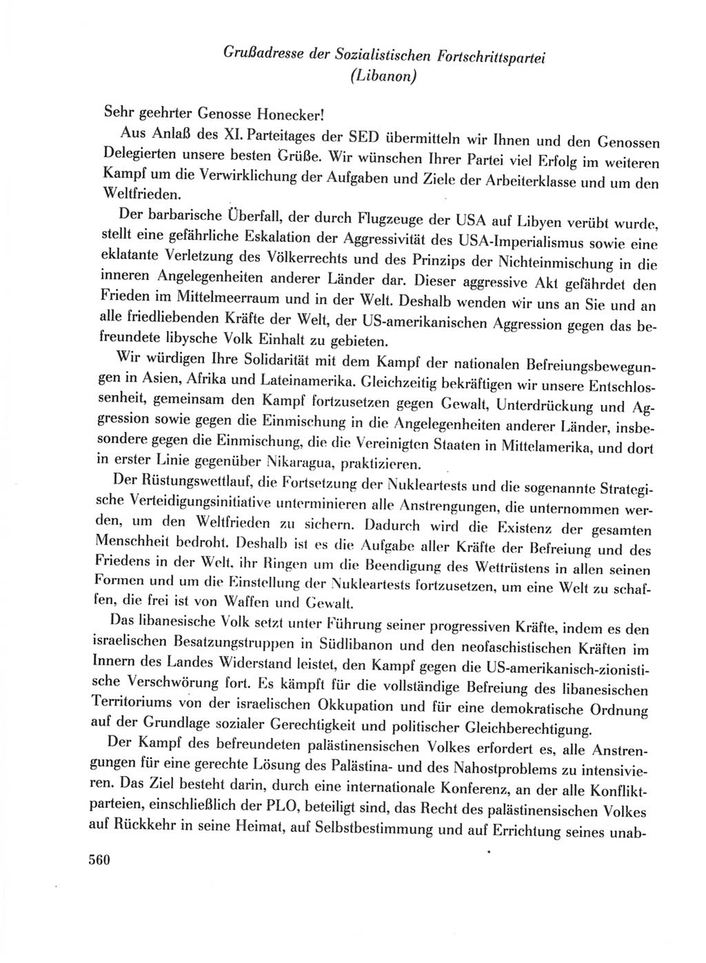 Protokoll der Verhandlungen des Ⅺ. Parteitages der Sozialistischen Einheitspartei Deutschlands (SED) [Deutsche Demokratische Republik (DDR)] 1986, Seite 560