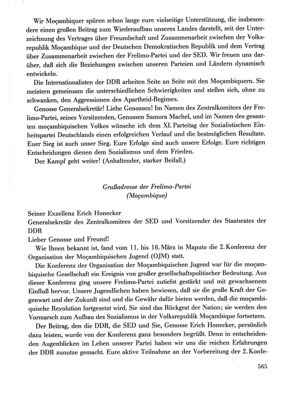 Protokoll der Verhandlungen des Ⅺ. Parteitages der Sozialistischen Einheitspartei Deutschlands (SED) [Deutsche Demokratische Republik (DDR)] 1986, Seite 565
